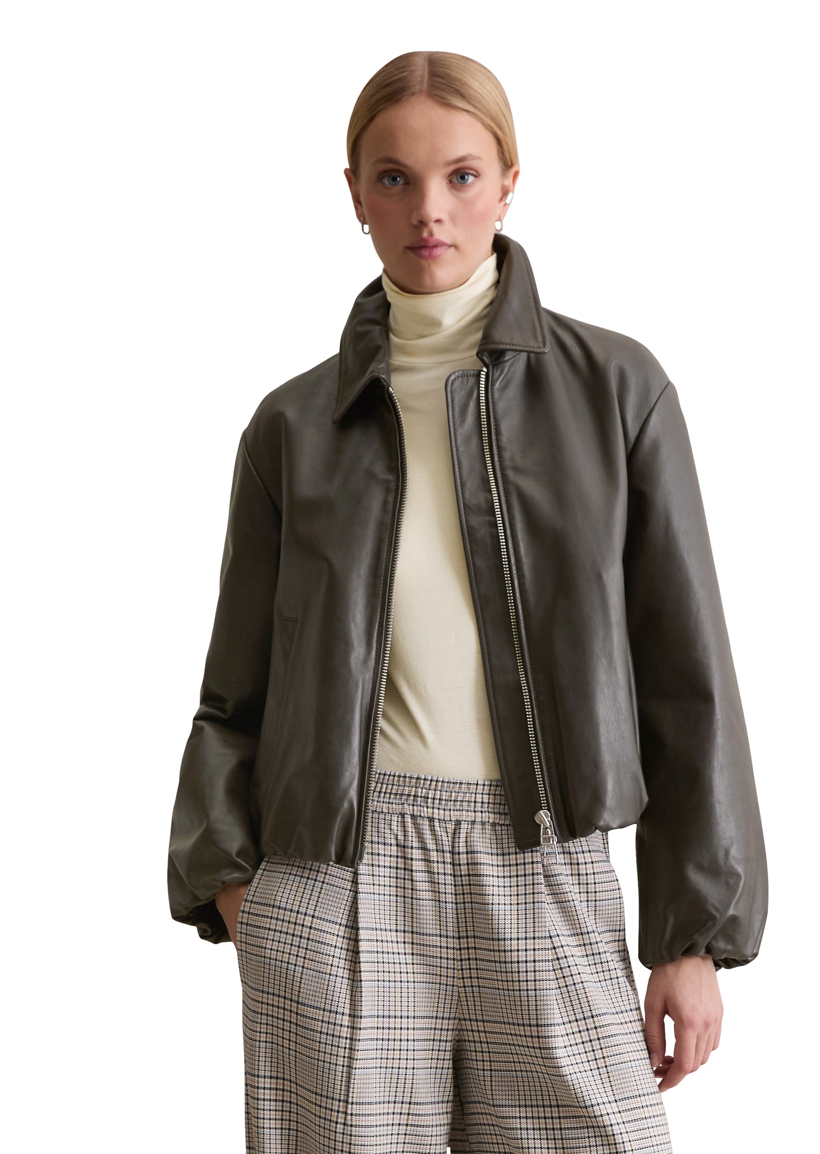 Lederjacke MARC O'POLO DENIM "Blousonform O-Shape aus softem Lammleder", Damen, Gr. L, schwarz espresso, Obermaterial: 100% Lammleder, regular fit normal, Jacken