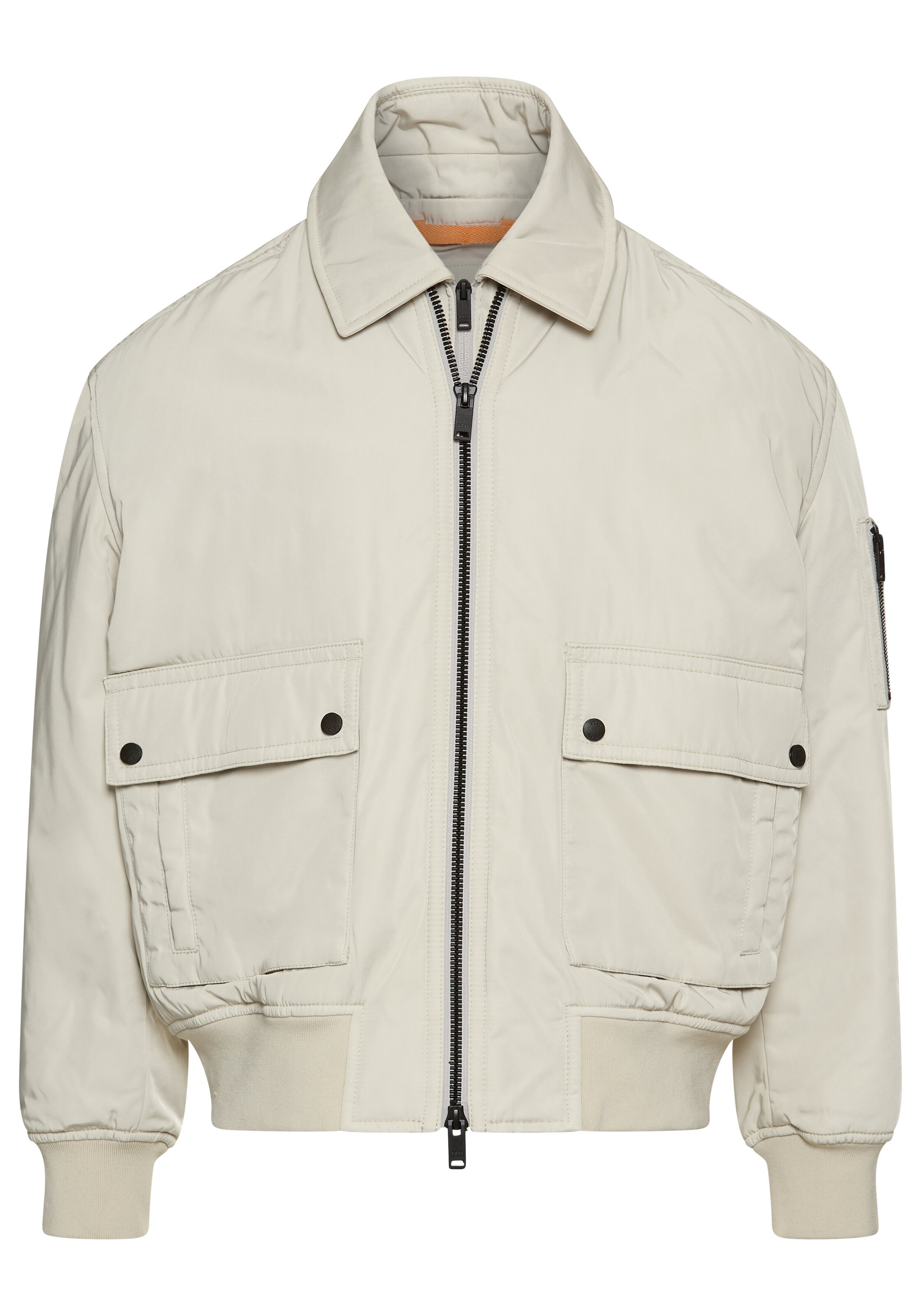 Blouson BOSS ORANGE "Oking", Herren, Gr. 52, beige (light beige271), Web, Obermaterial: 100% Polyester, unifarben, regular fit hüftlang, Strickbündchen, Jacken Blouson, mit abnehmbarem Kragen