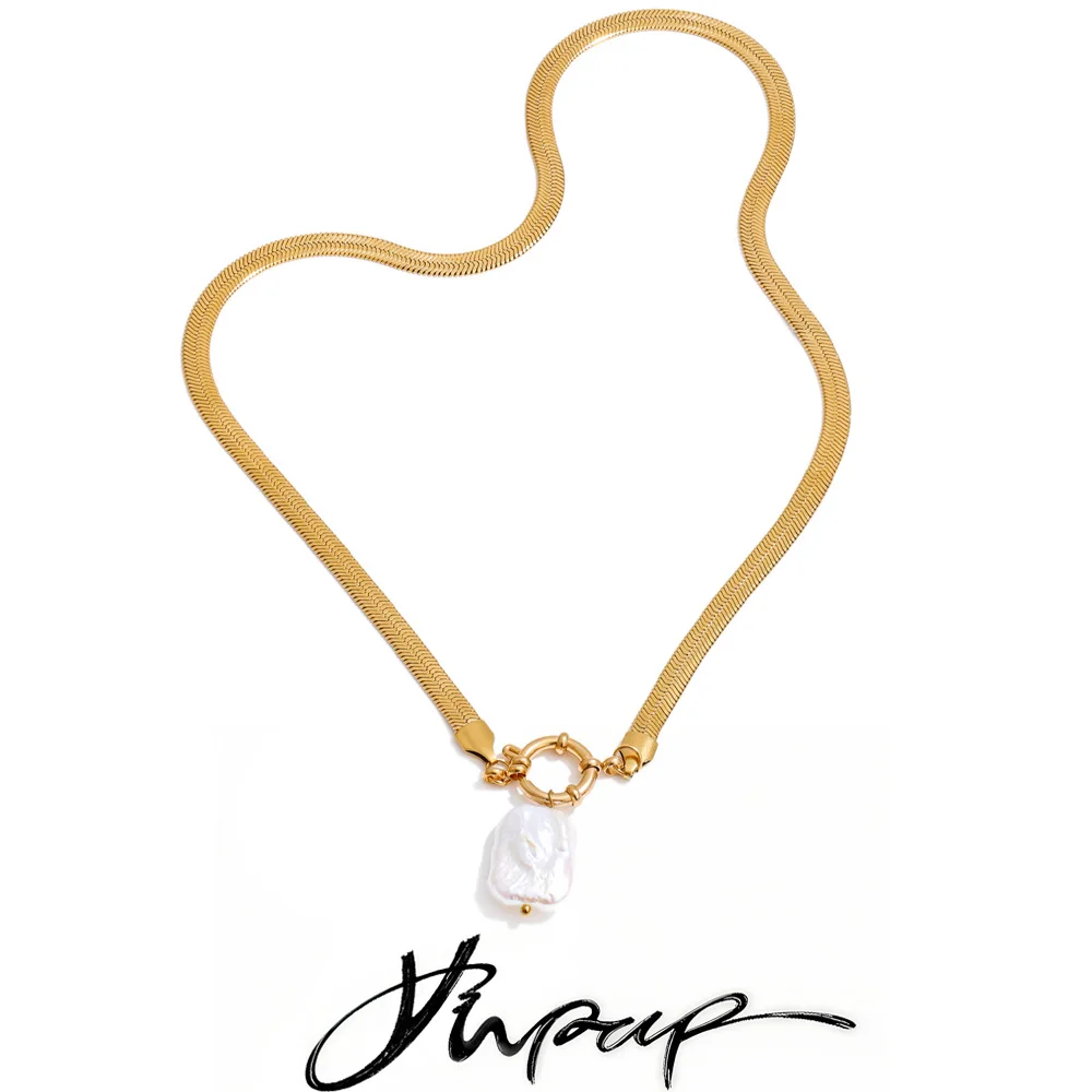 Yhpup Luxus Barock Natürliche Perle Quadrat Anhänger Halskette Edelstahl Schlangenkette Kragen Modeschmuck Geschenk Klassischer Stil Image