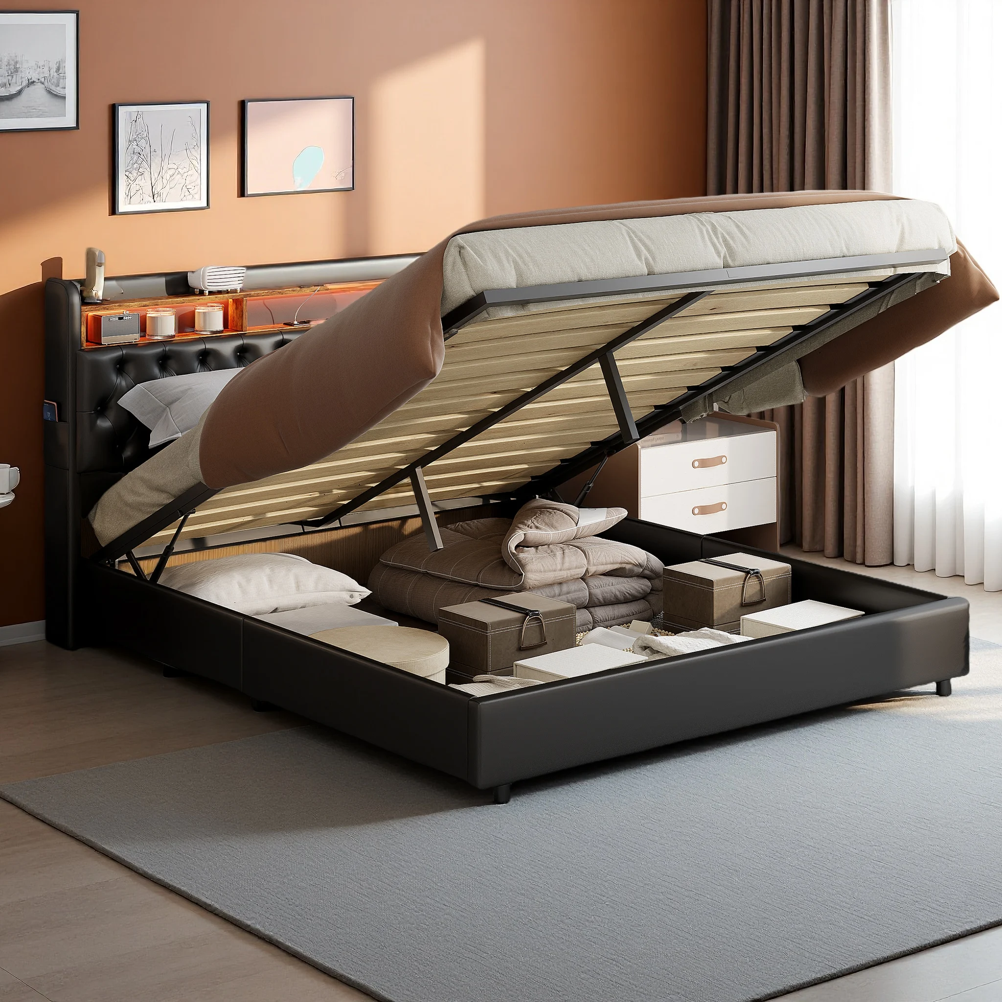 Polsterbett Doppelbett 180 x 200 cm mit LED und USB Ladefunktion, Hydraulisches Boxspringbett mit Bettkasten und Lattenrost, Funktionsbett Stauraumbett Jugendbett, Schwarz, PU, Ohne Matratze Image