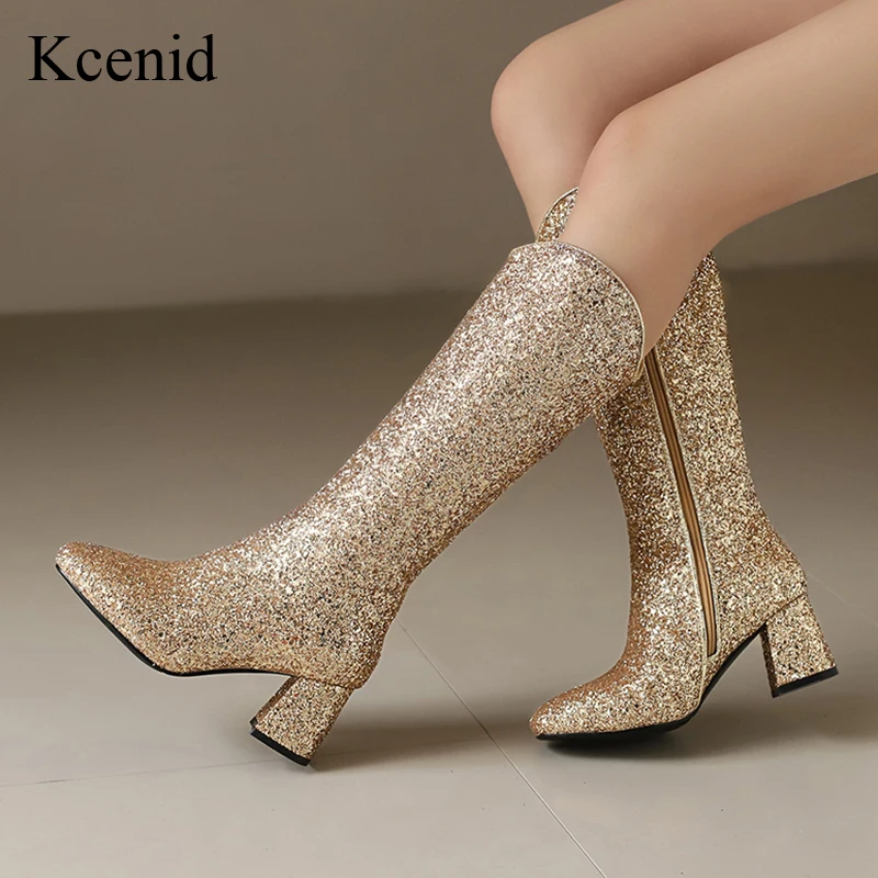Kcenid Bling Bling Gold Silber Party Hochzeit Braut Schuhe Block High Heels Kniehohe Glänzende Frauen Stiefel Winter Tanz Schuhe Größe 46