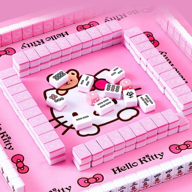 144 Stück Sanrio Hello Kitty Mini Mahjong Tragbarer Reiseschlafsaal Outdoor Rosa Blau Mahjong Karten Familienunterhaltungszubehör