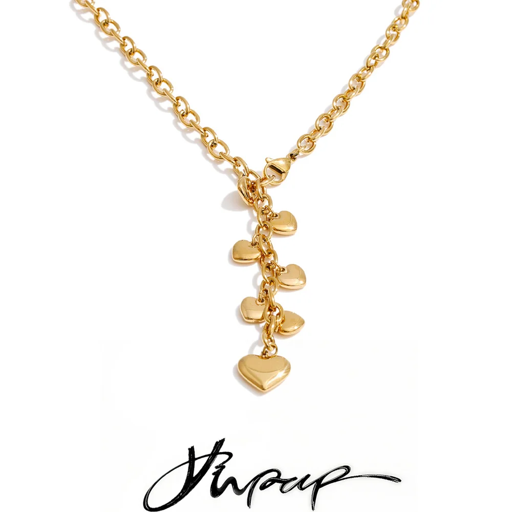 Yhpup 56 cm Edelstahl-Herz-Tropfenkette, 16 Karat und platinfarben, PVD-beschichtet, modisch, charmant, modern, Schmuck, wasserfest, Geschenk Image