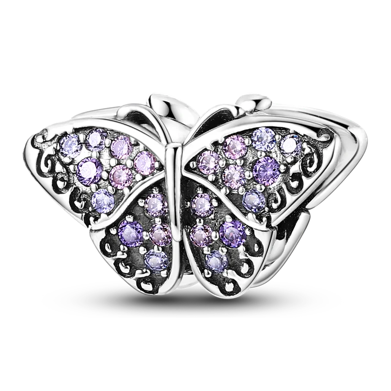 Vergoldetes 925er Silber, lila Schmetterling, lebendige Schönheit, elegante Charms, passend für Original-925-Charms, Armbänder, Perlen, Schmuck, Geschenke für Frauen