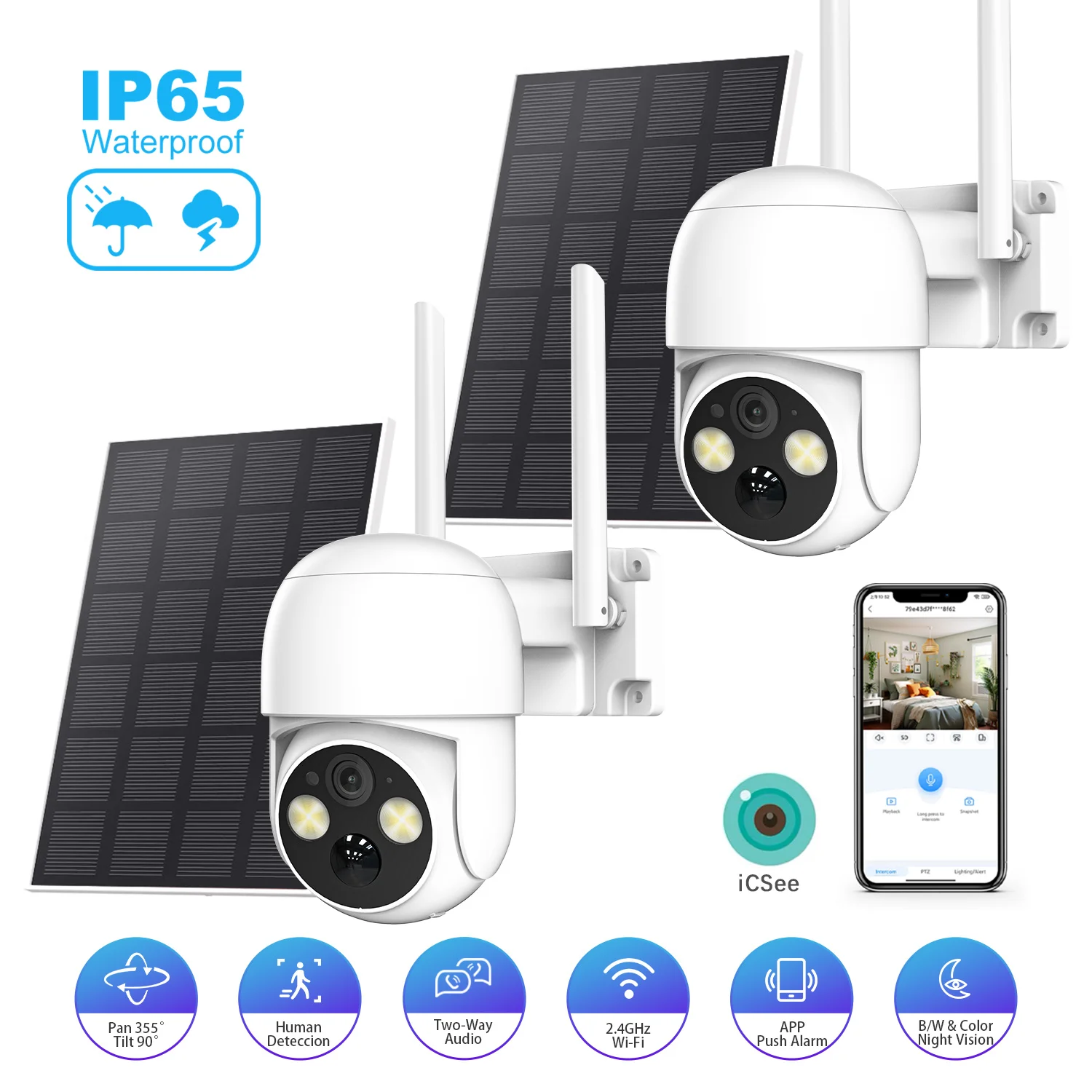 XVIM 2er-Pack 5 MP solarbetriebene kabellose Outdoor-Überwachungskamera IP65 wasserdicht 360 ° Schwenk-/Neige-Vollfarb-Nachtsicht, 2-Wege-Audio Image
