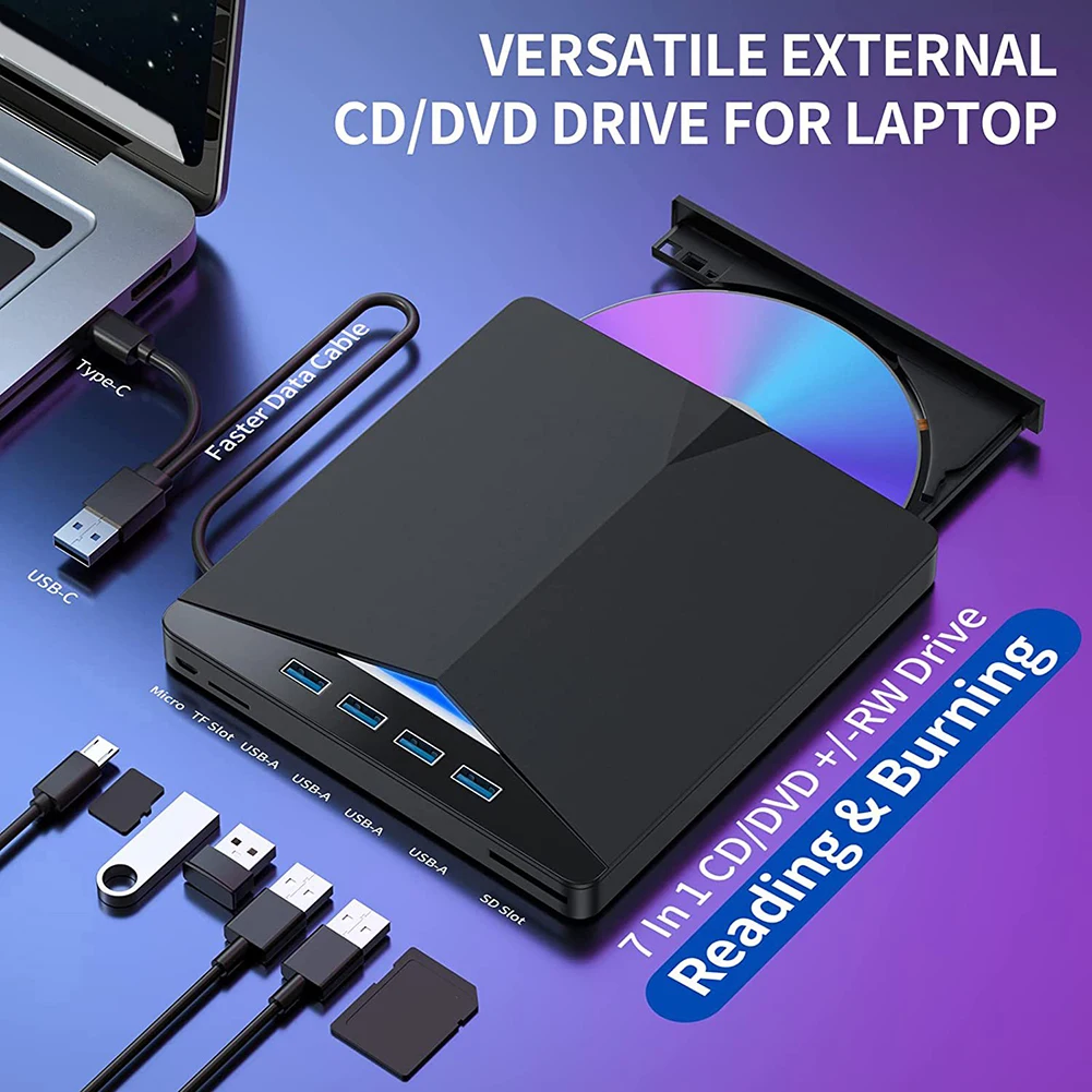 7 In 1 USB 3,0 Typ-c Externe DVD RW CD Laufwerk Brenner Leser Player Optisches Laufwerk CD DVD Brenner Reader Player Laufwerk Für PC Laptop Image