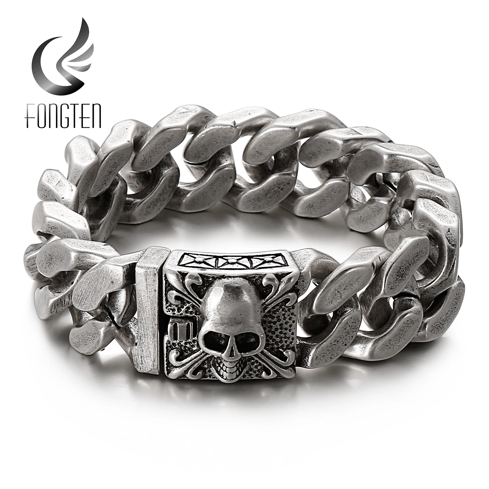 Fongten Gothic Schädel Armbänder Für Männer Alte Silber Farbe Edelstahl Kubanischen Kette Schwere Armband Armreif Schmuck Großhandel