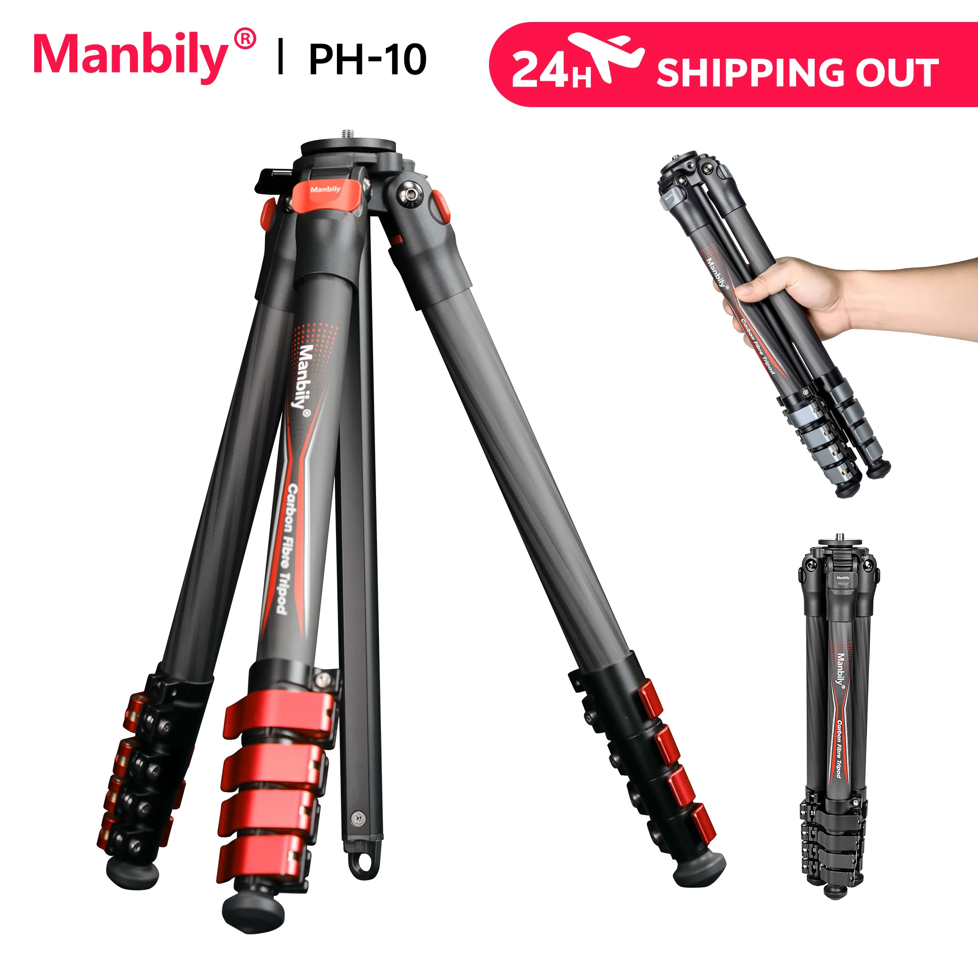 Manbily PH-10 25 mm Rohr-Kohlefaser-Stative, 5 Abschnitte, tragbares, leichtes, professionelles Reisestativ ohne Kugelkopf Image