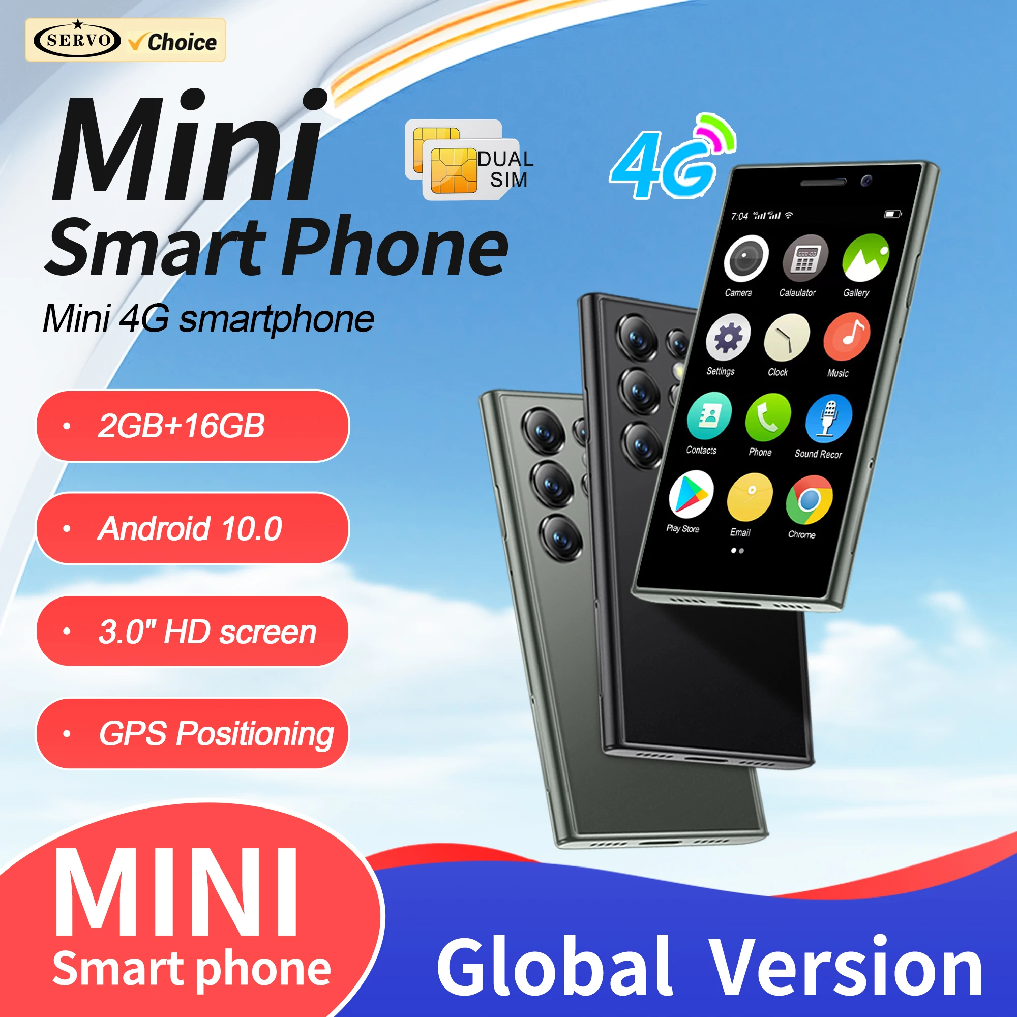 SERVO S24 MINI 4G LTE Smartphone Android System 2 GB + 16 GB Play Store WhatsAPP WiFi Face Unlock 3,0 Zoll kleine Smartphones 2 SIM-Karte