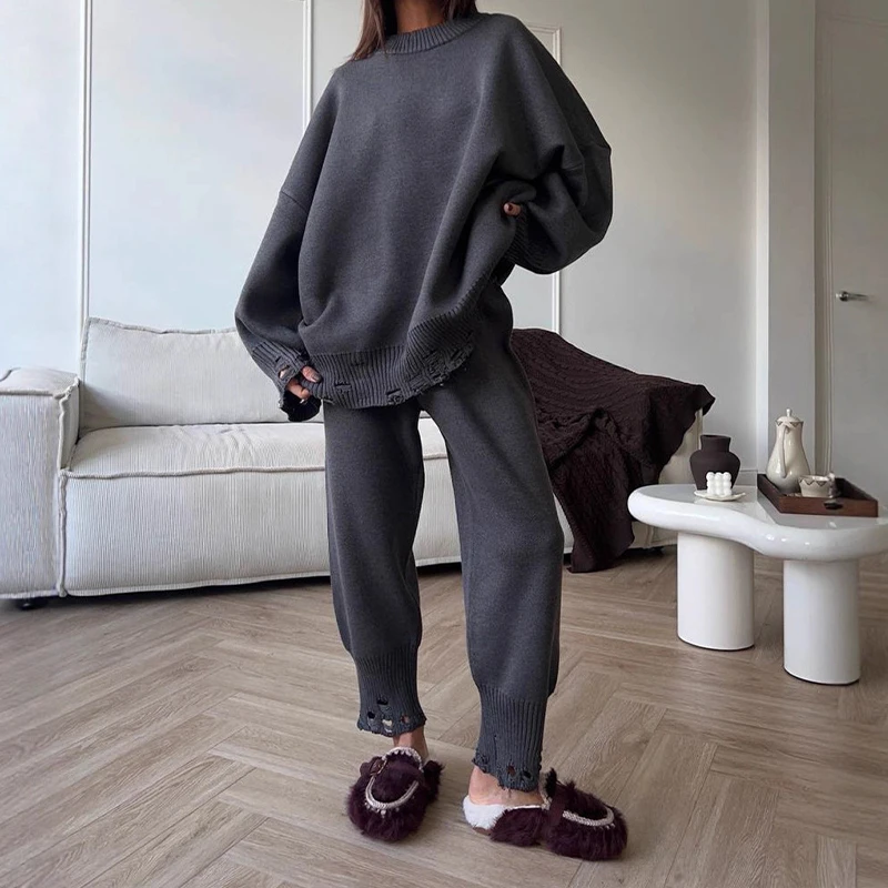 BKLD 2025, Herbst Winter Stricken Loch Design Mode Pullover Set frauen Rundhals Langarm Lose Pullover + Hosen solide Trainingsanzug Image