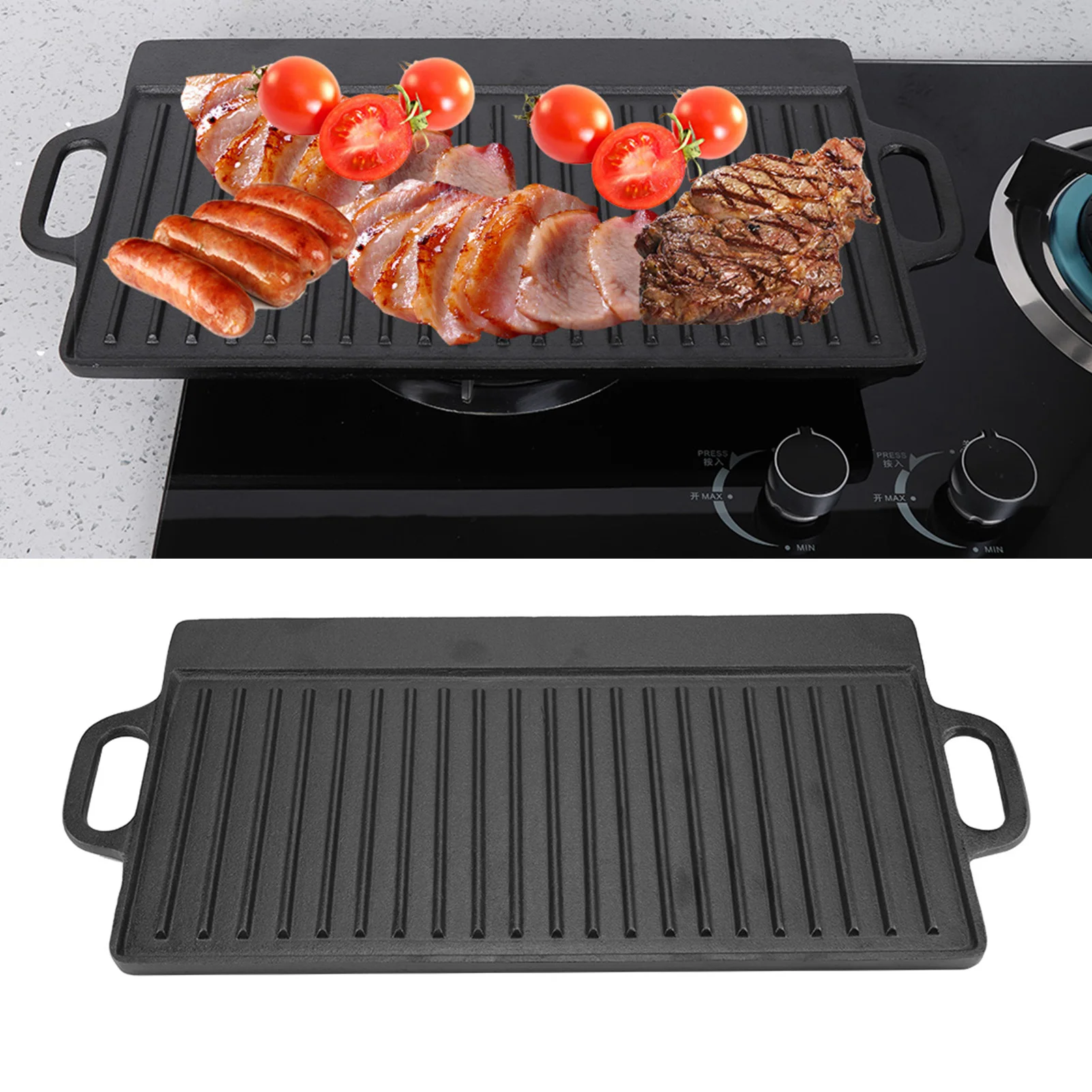 Gusseisen-Grillpfanne, antihaftbeschichtete Grillplatte aus Gusseisen, gebackene und flache, doppelseitige Back- und Kochtablette, Backgeschirr-Grillpfanne Image
