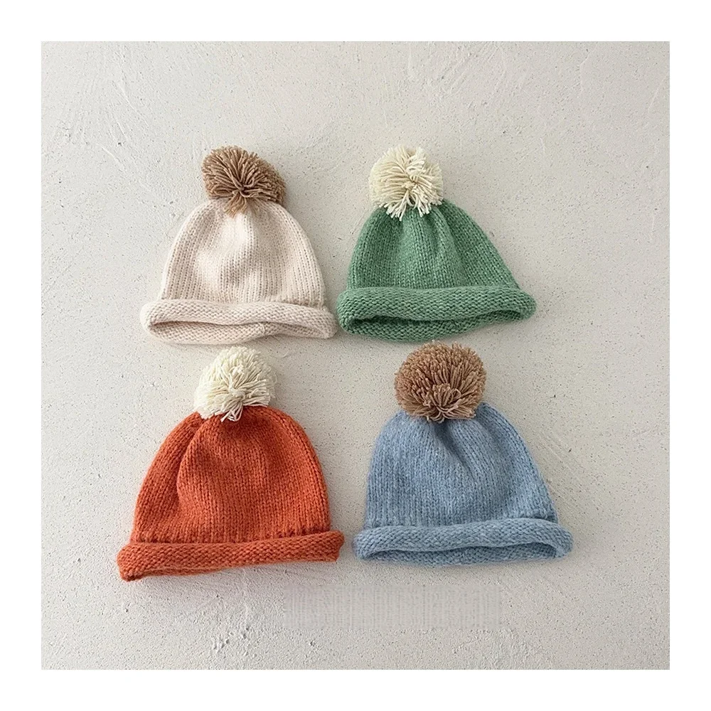 Baby Jungen Mädchen Weiche Verdickte Schädel Kappe 2025, Neue Kinder Warme Gestrickte Hut Farbe Block Pom Pom Beanie Herbst Winter Nette Casual Hut Image