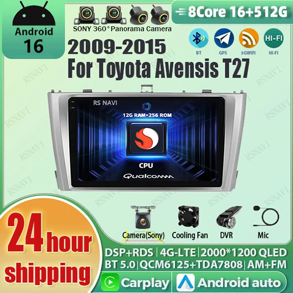 Android 16 WLAN+4G Carplay Autoradio für Toyota Avensis T27 2009-2015 Rechtslenker Navigation GPS Videoplayer Stereo Multimedia DVD DSP Image