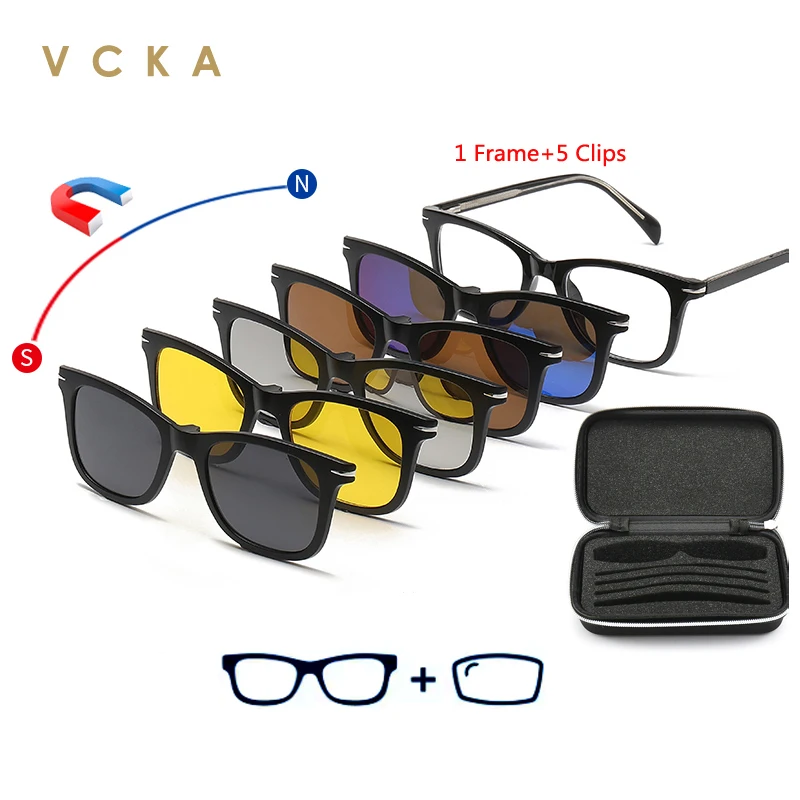 VCKA 6-in-1-Magnetclip, Myopie, Anti-Blau, Verfärben, Sonnenbrille, verschreibungspflichtig, für Männer und Frauen, polarisierte, individuelle Lesebrillengestelle Image