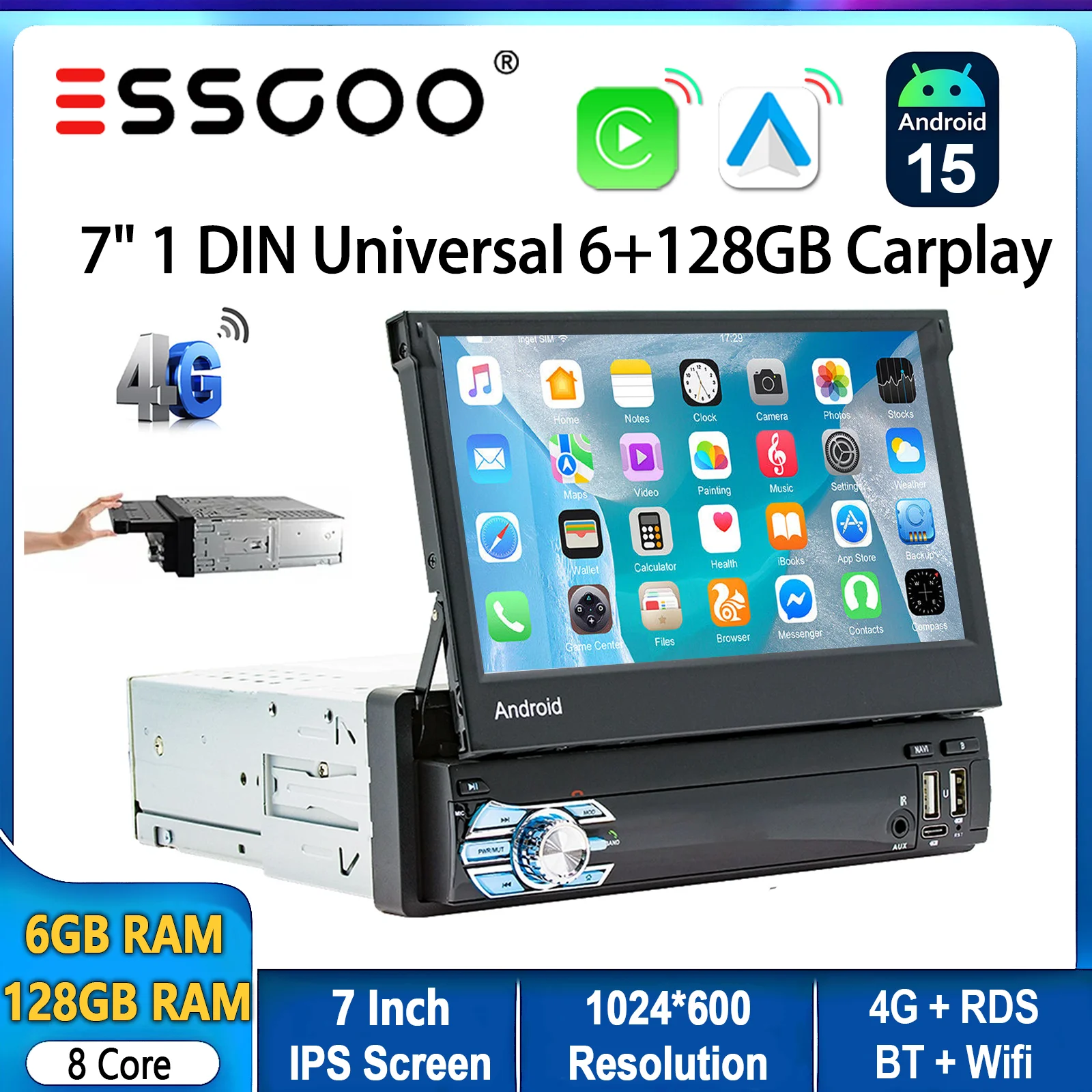 Autoradio ESSGOO Android 15 7 Zoll 6+128G 1 DIN 8 Kern Ausklappbarer Touchscreen Drahtloses CarPlay Android Auto GPS Navigation WIFI RDS Bluetooth Lenkradsteuerung 4G FM USB Typ-C AUX Image