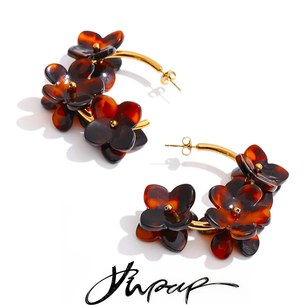 Yhpup Exklusive Acrylacetat-Creolen mit großer Blume für Damen, Edelstahl, beliebter handgefertigter Mode-Statement-Schmuck Image