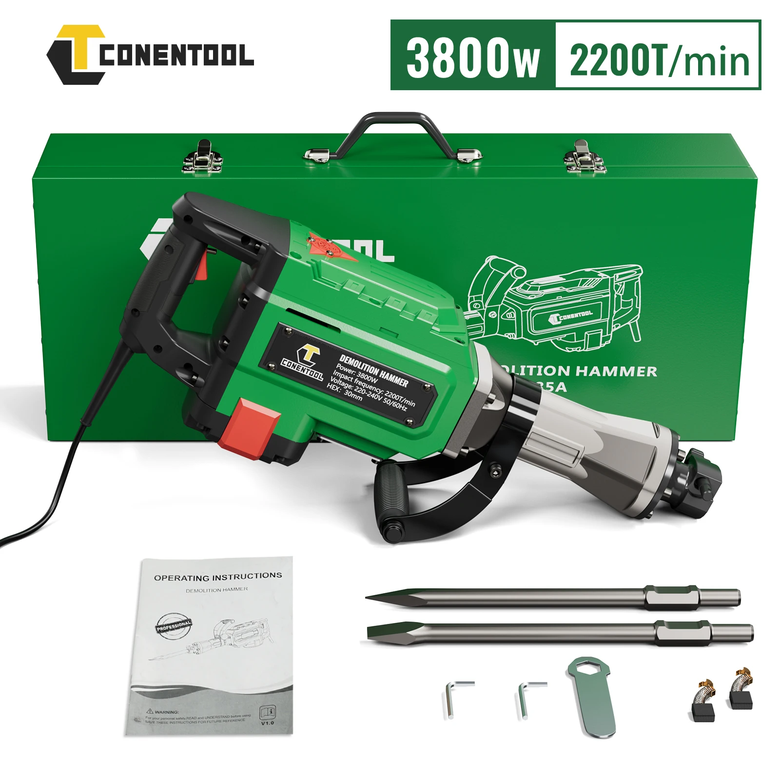 CONENTOOL 3800 W 55 J Abbruchhammer Presslufthammer mit 2 austauschbaren Meißeln 360 ° Elektrischer Meißel mit Drehgriff für den Betonbruch Image