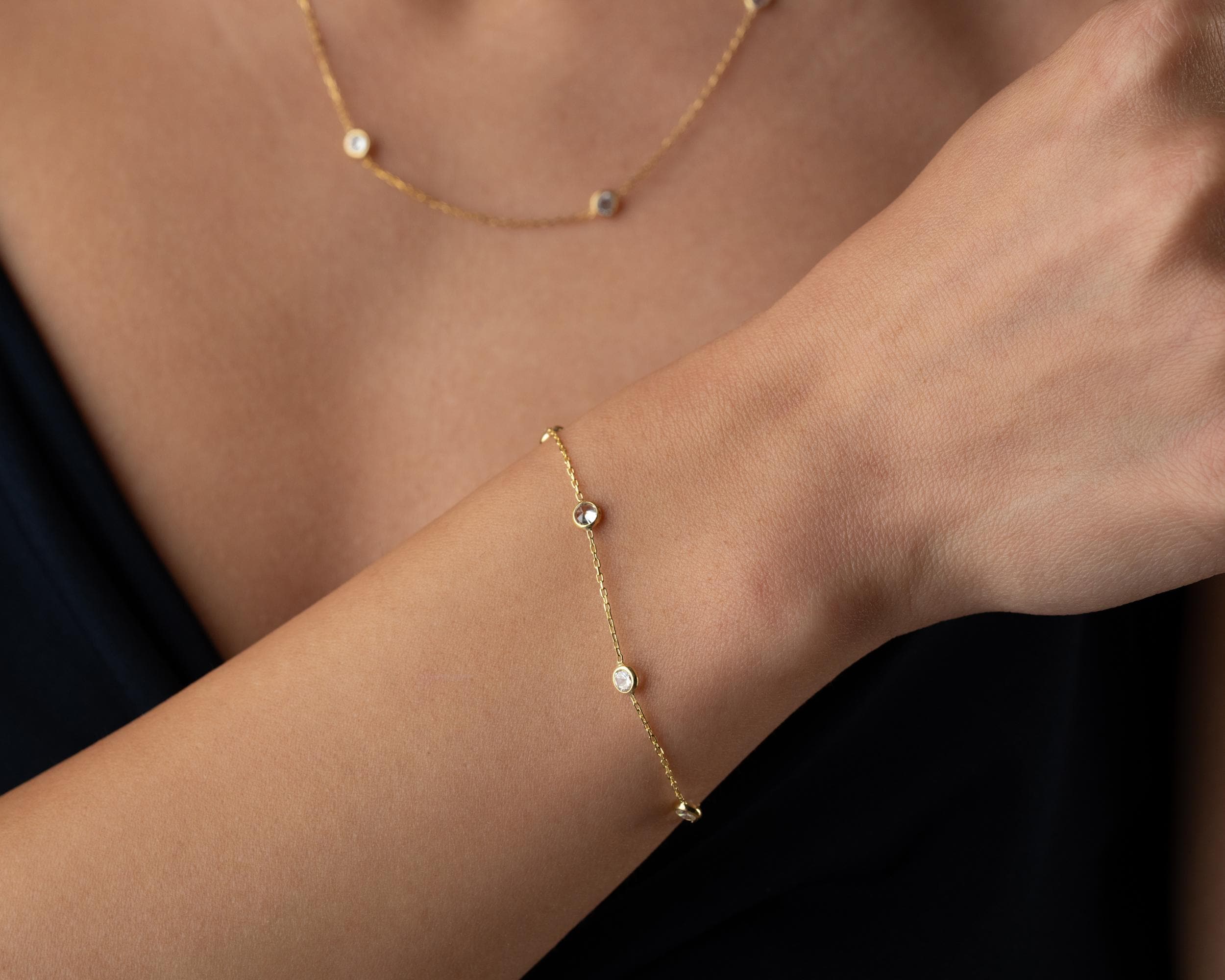 Bracciale Diamond Station, collana con moissanite, collana con diamante solitario, gioielli da sposa, set di collana e bracciale in oro