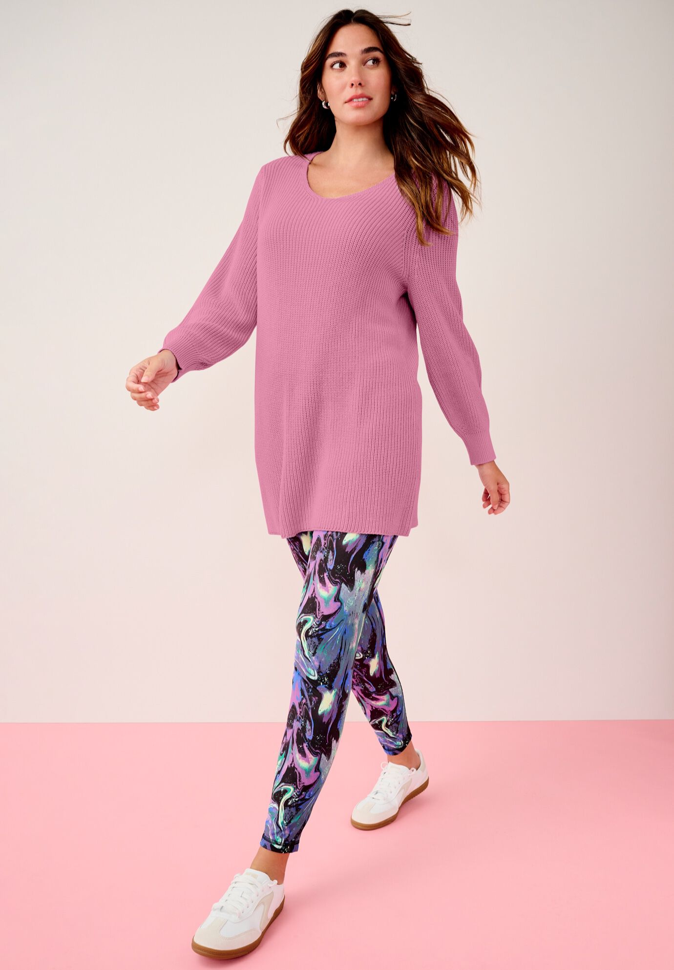 Plus Size Women's Shaker-Knit V-Neck Sweater by Roaman's in Pink Blossom (Size 18/20)