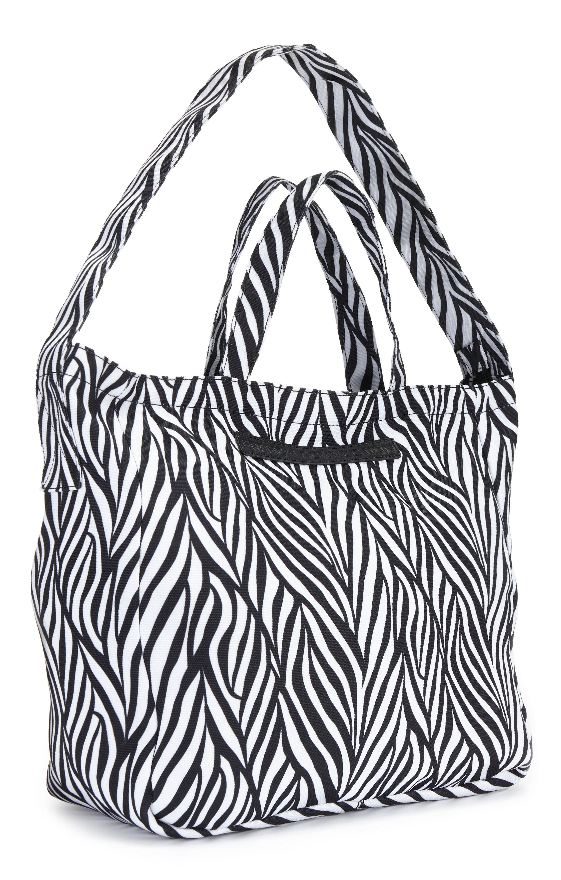 Shopper FRENCH CONNECTION "Strandtasche", Kinder, Gr. B/H/T: 49cm x 34cm x 16cm, schwarz, weiß, Stoff, Textil, animal-print, gemustert, Taschen Shopper, Schultertasche, Handtasche, Tragetasche VEGAN