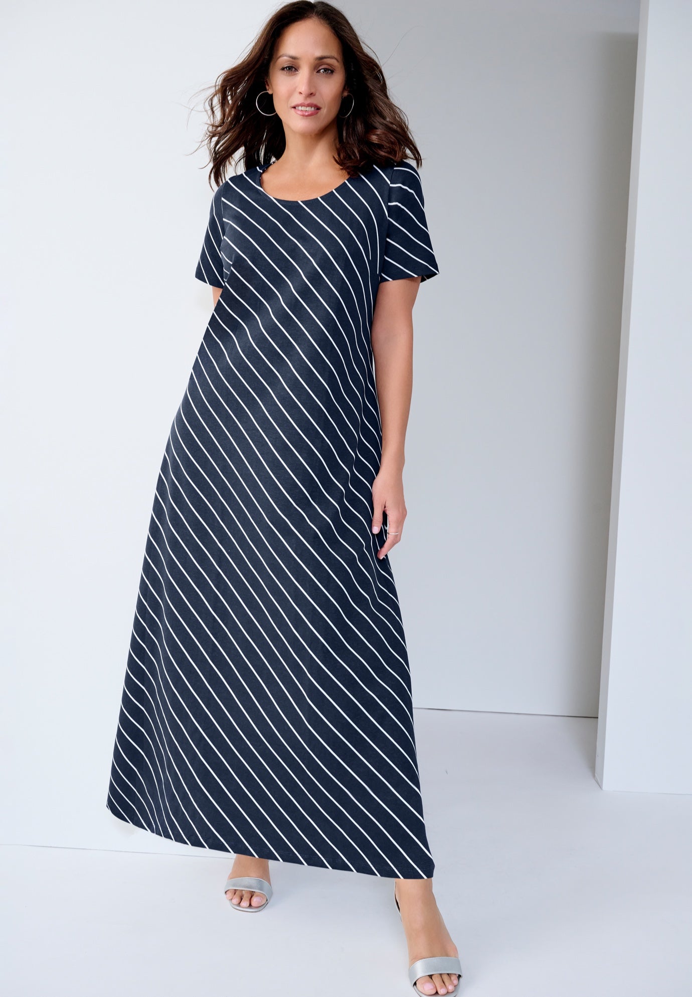 Plus Size Women's Stretch Cotton T-Shirt Maxi Dress by Jessica London in Navy Bias Stripe (Size 22)