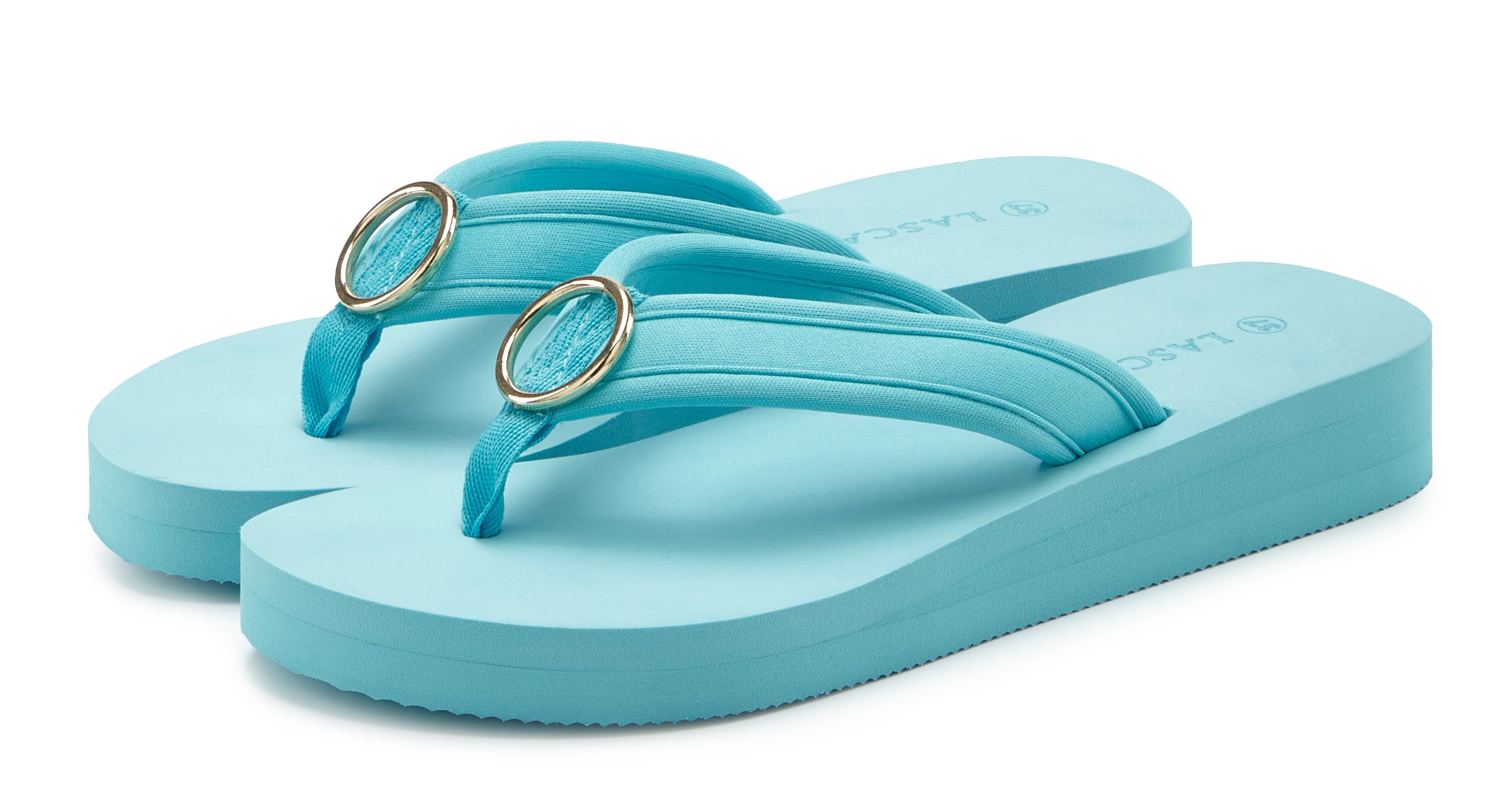 Badezehentrenner LASCANA "Sandale, Pantolette", Damen, Gr. 41, türkis, Obermaterial: 100% Textilmaterial. Decksohle: 100% Synthetik. Futter: 100% Textilmaterial. Laufsohle: 100% Synthetik, unifarben, Schuhe Zehentrenner Dianette, Zehentrenner,...