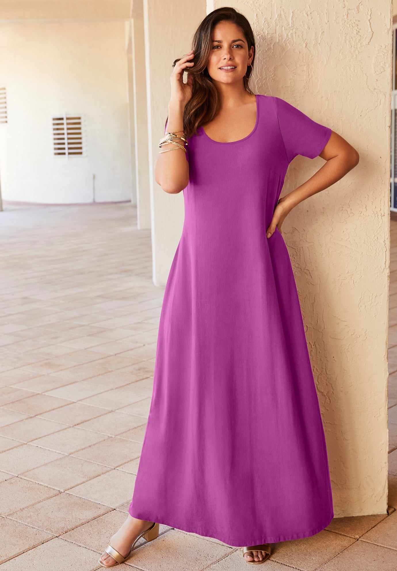 Plus Size Women's Stretch Cotton T-Shirt Maxi Dress by Jessica London in Deep Orchid (Size 30)