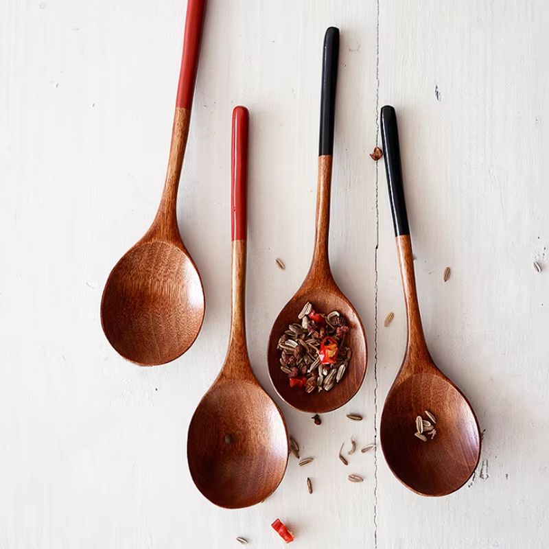 Japanese Style Wooden Spoon Set Small Dessert Soup And Coffee Spoons For Everyday Tableware 1 Red 1 Black