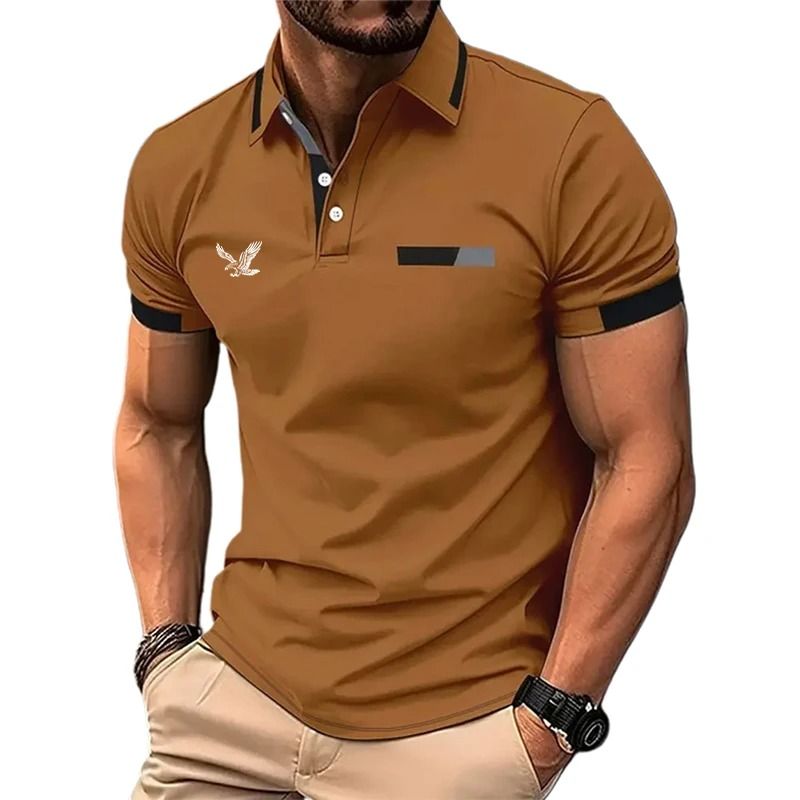 Mens Color Block Golf Polo Modern Short Sleeve Lapel Shirt s coffee