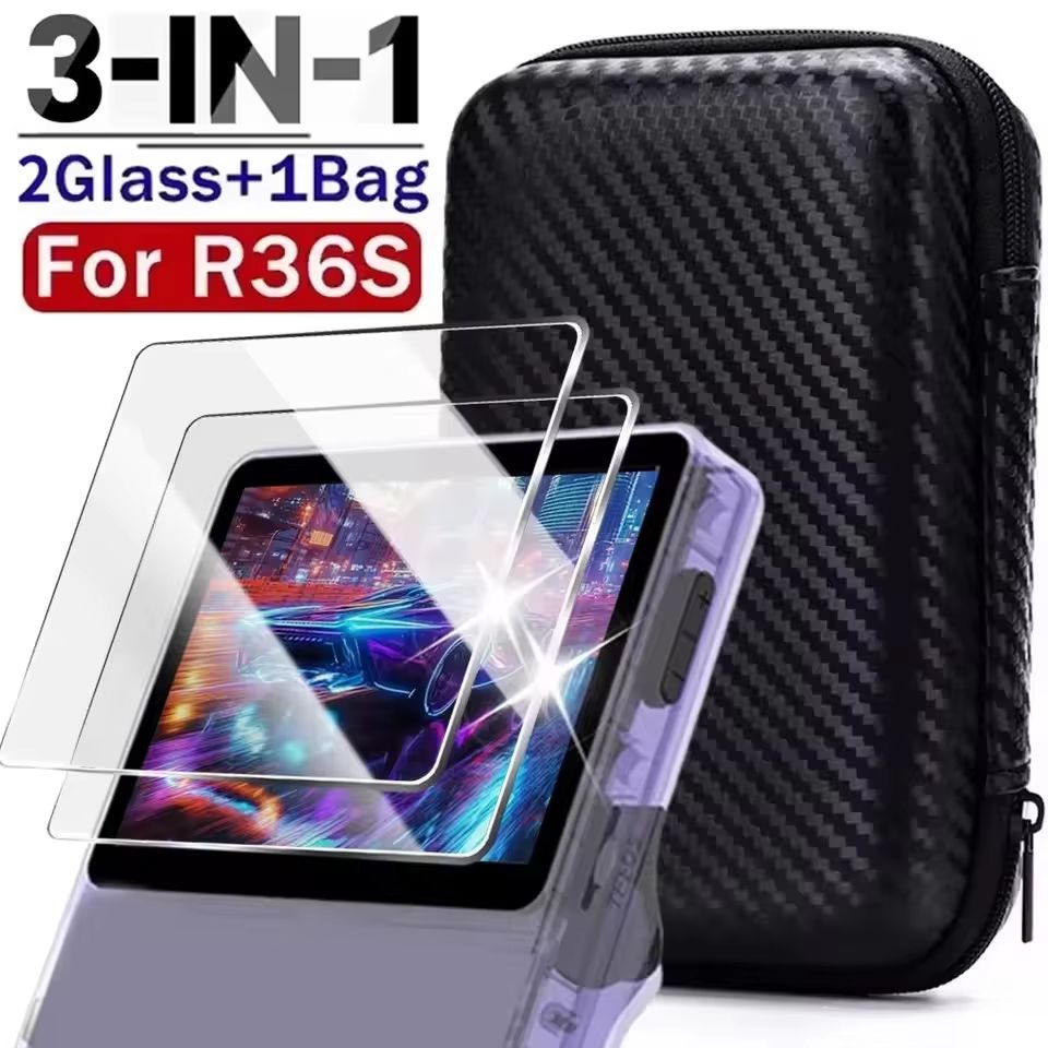 3 in 1 Carrying Storage Case With Tempered Glass Screen Protectors For R36S Game Console 1 Glass + Case (black) R36s