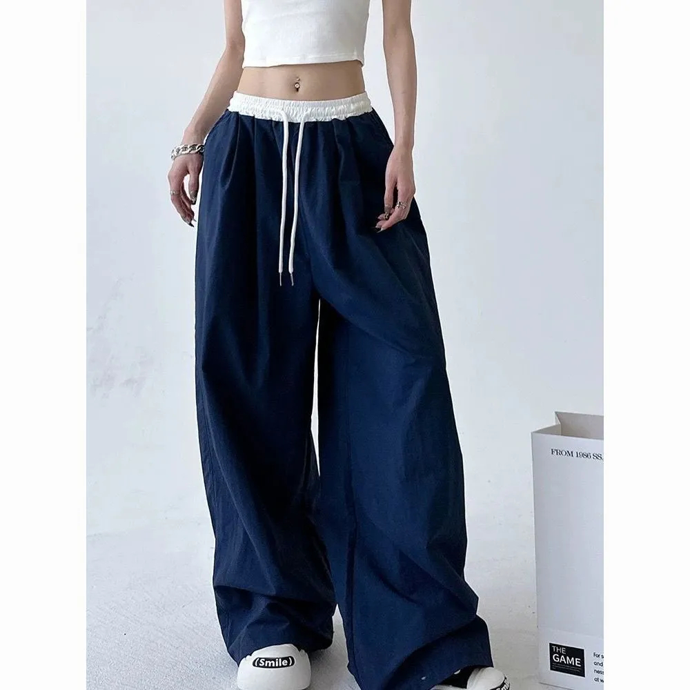 High Street Women's Wide Leg Pants, Drawstring Cargo Pants, Hip Hop Lady's Summer Trousers, Stylish Female Trousers blue xl
