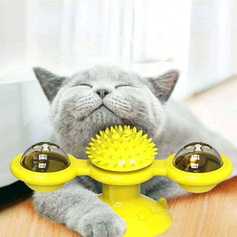 Wind Mill Cat Toy, Interactive Pet Toys For Cats, Puzzle Cat Game Toy, Kitten Turn Table Brush Teeth Pet Supplies yellow