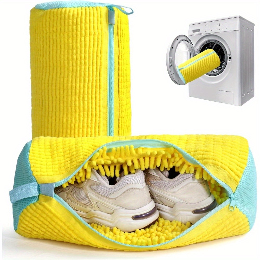Durable Shoe Washing Machine Bag, Yellow With Blue Zipper, Oval Laundry Bag For All Shoe Types, Protective With Rich light Yellow
