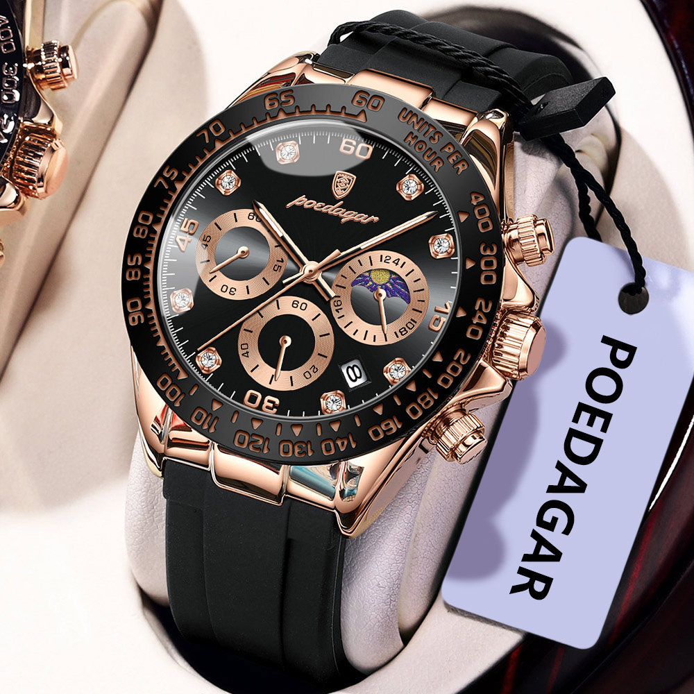 Luxury Chronograph Men Wristwatch, High Quality Quartz Man Watch, Waterproof Luminous Military Men Watches rose Gold Black