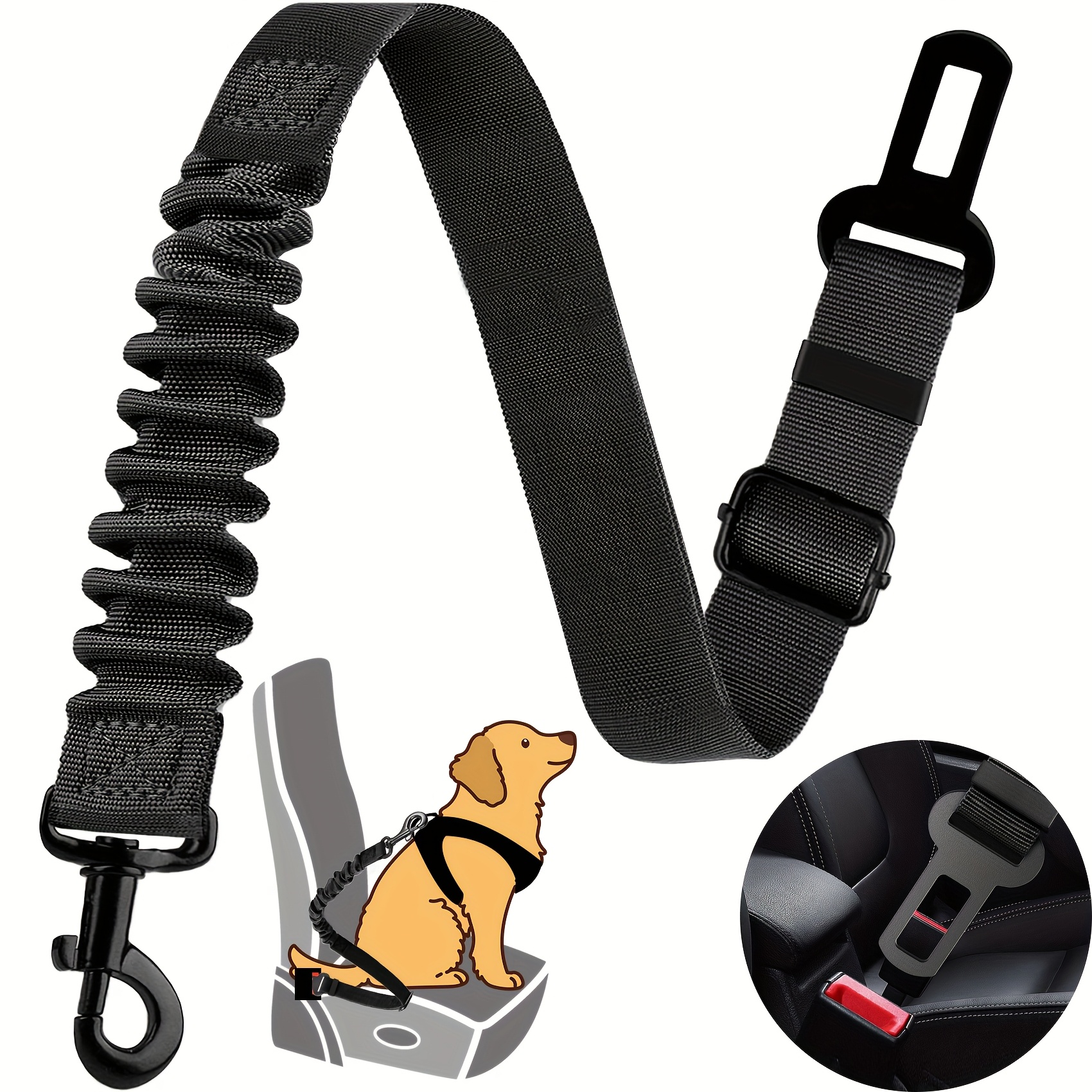 Elastic Nylon Retractable Safety Restraint Adjustable Dog Seat Belt Harness With Secure Clasps For All Dog Sizes black