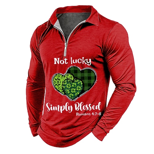Saint-Patrick Homme Polo manche longue Polos Revers Occasionnel Tenue quotidienne Vêtements de festival Impression 3D Polo à fermeture éclair 1/4 Printemps Automne Hiver Noir Rouge Vert