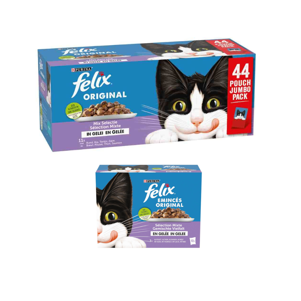 44 x 80 g / 85 g Felix Umido per gatto + 12 x 85 g Felix Buste in Gelatina gratis! - 44 x 85 g Original Selezione mista in gelatina, Mix: salmone, tonno, manzo, pollo + 12 x 85 g Felix Buste in Gelatina