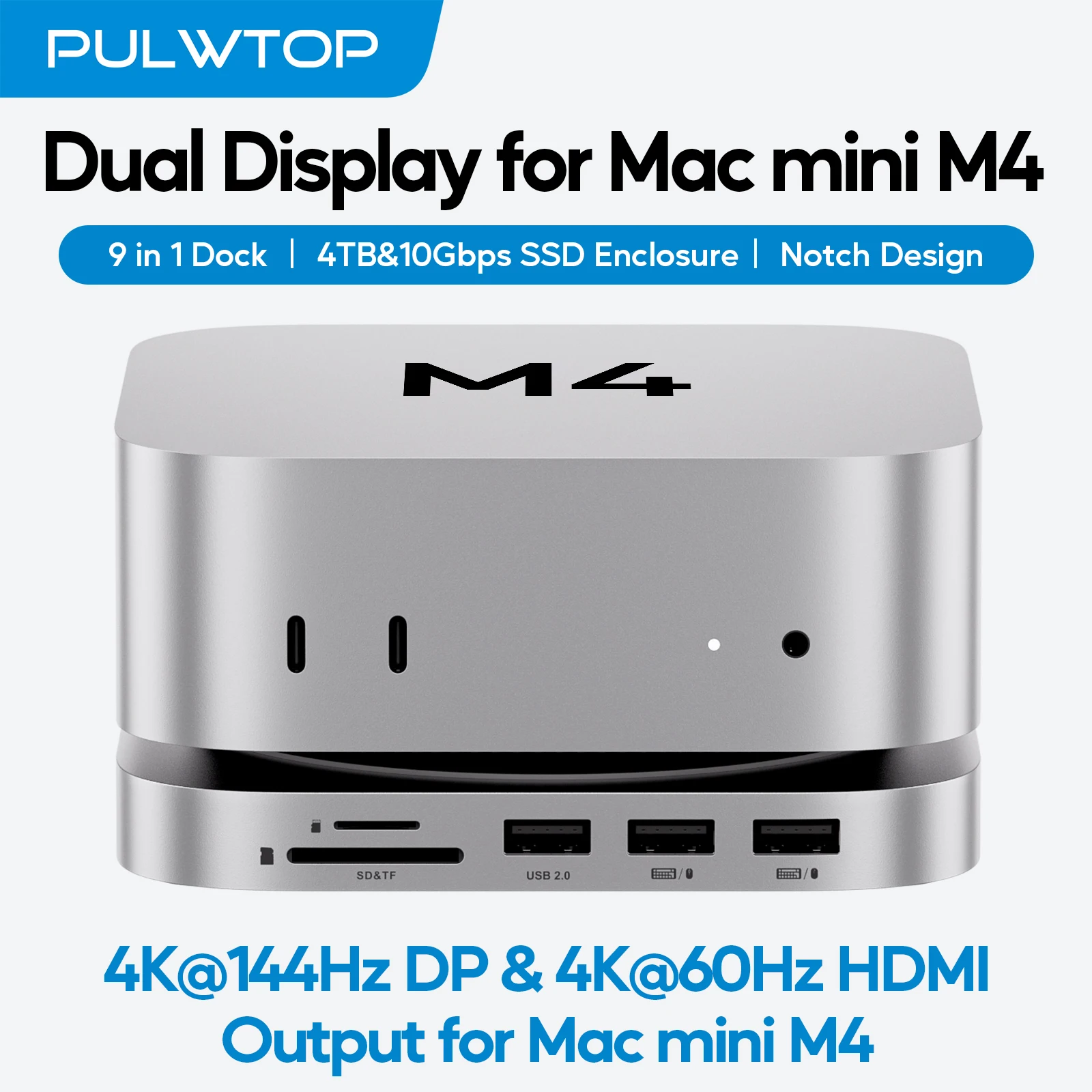 Dock PULWTOP Mac Mini M4 avec boîtier SSD NVMe 4 To (SSD NON inclus), DP 4K 144 Hz et HDMI 4K 60 Hz, USB A 2.0, SD/TF, Audio