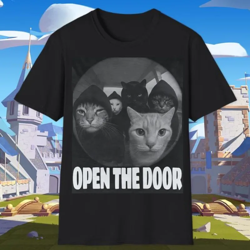 Open The Door Cat Photo T-Shirt Weißes T-Shirt mit fünf Katzen in Hüten Schwarz-Weiß-Grafik Lustiges, geheimnisvolles Unisex-Oberteil im Vintage-Stil