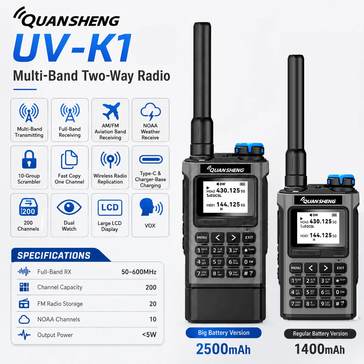 QUANSHENG K1 Air Band Walkie Talkie Drahtlose Kopie Frequenz Meter Typ-C Aufladen NOAA Multi-Band Tragbare Zwei weg Radio UV Image