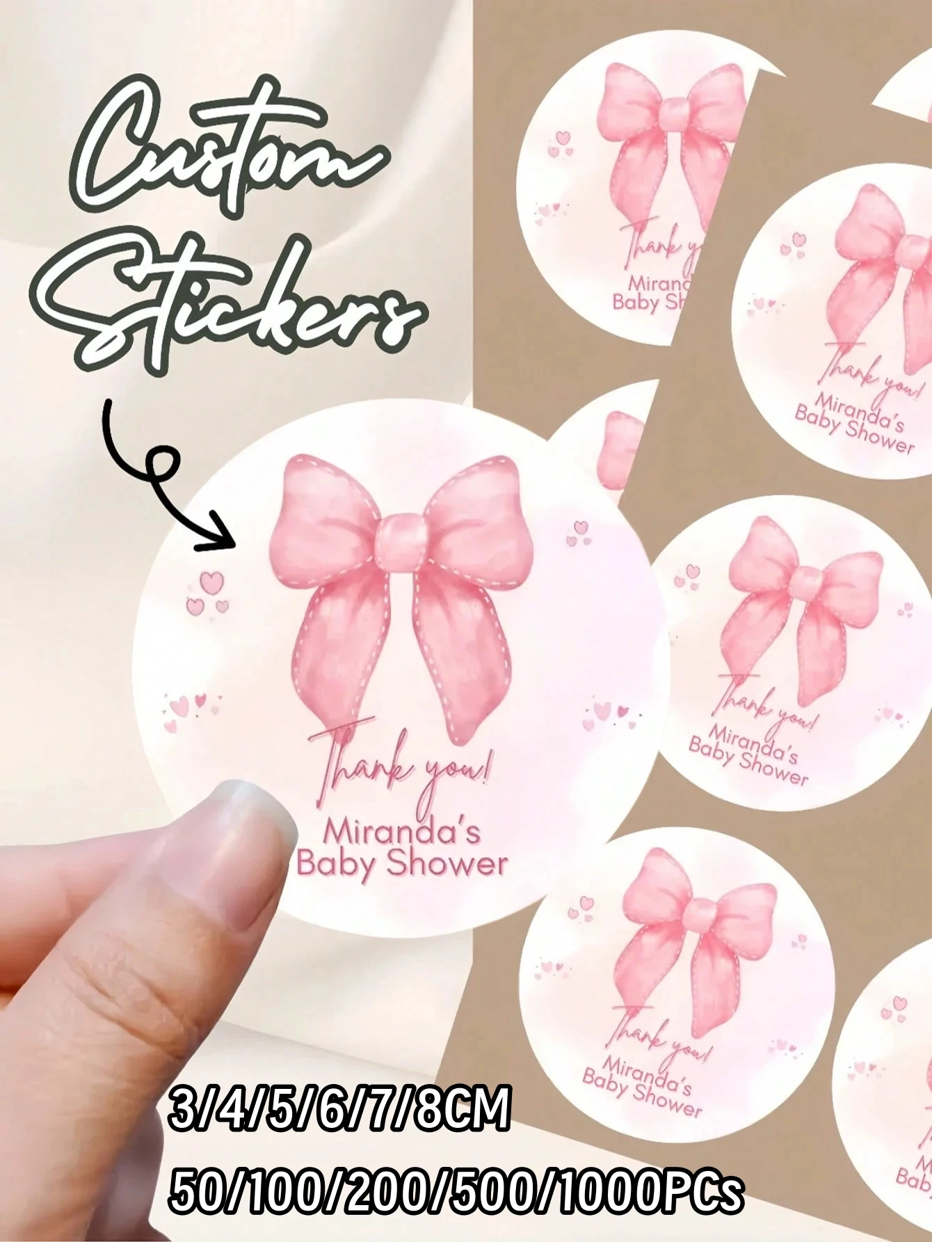 Adesivi per bomboniere rosa personalizzati da 3-8 cm, etichette rotonde, etichette personalizzate per baby shower per ragazze, sigilli per bomboniere regalo per borse per feste di ringraziamento
