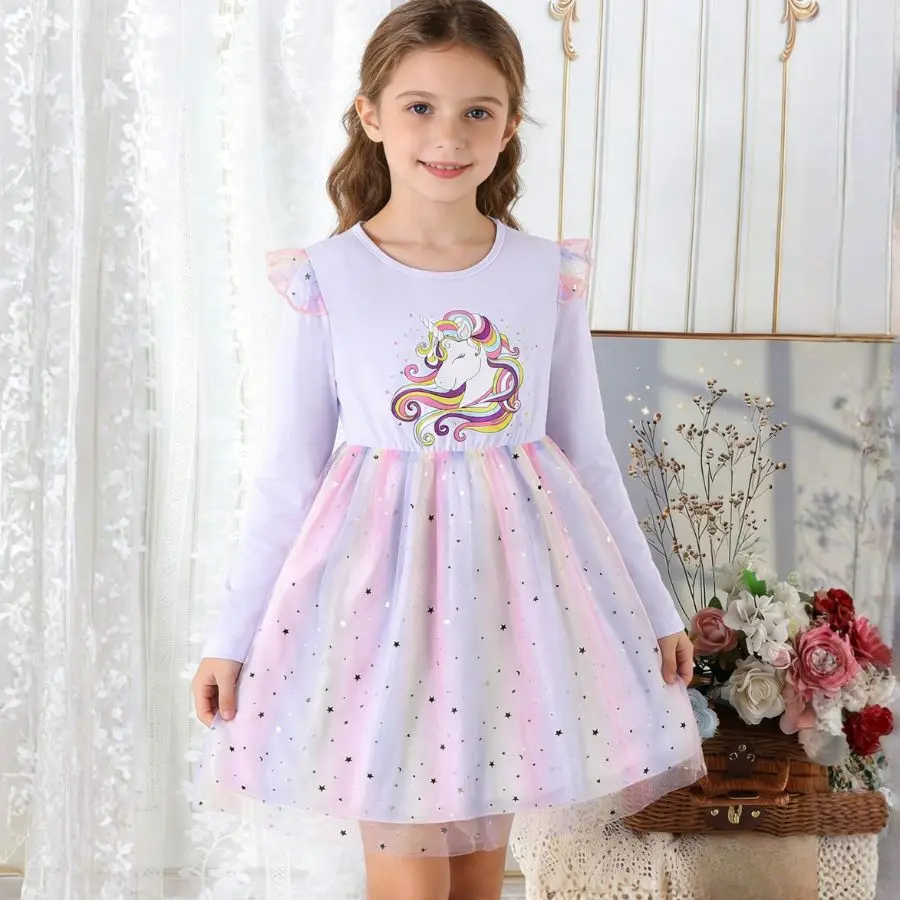 Mädchen Einhorn Regenbogen Pailletten Prinzessin Kleid Frühling Herbst Kinder Mode Kleidung Baby Kinder Casual Party Kleid Image