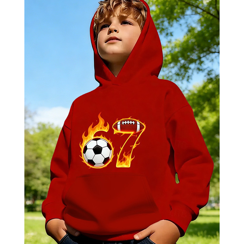 Unisex 3D Graphic Football Funny Slang 67 Hoodie Pullover Long Sleeve 3D Print Spring Fall Sports Fashion Streetwear Kids 4-12 Years Hooded Casual Daily Outdoor Regular Fit
