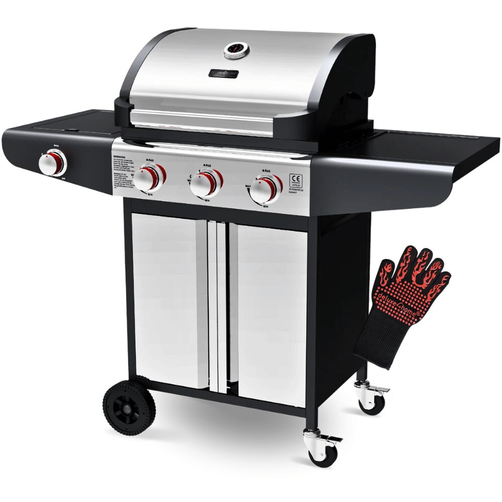 DELUKE Gasgrill 3+1 Brenner mit Deckel DELO [Inkl. Handschuhe] Grillwagen mit Seitenbrenner Campinggrill mit Seitenablage & Thermometer Image