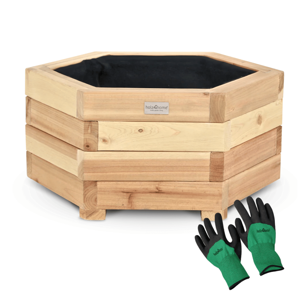 DELUKE Pflanzkasten Holz 6-eckig MICHA - Inkl. Vlies und Handschuhe | Pflanzkübel Tannenholz Blumenkasten Blumenkübel Blumentopf Terrasse, 46cm Breit Image
