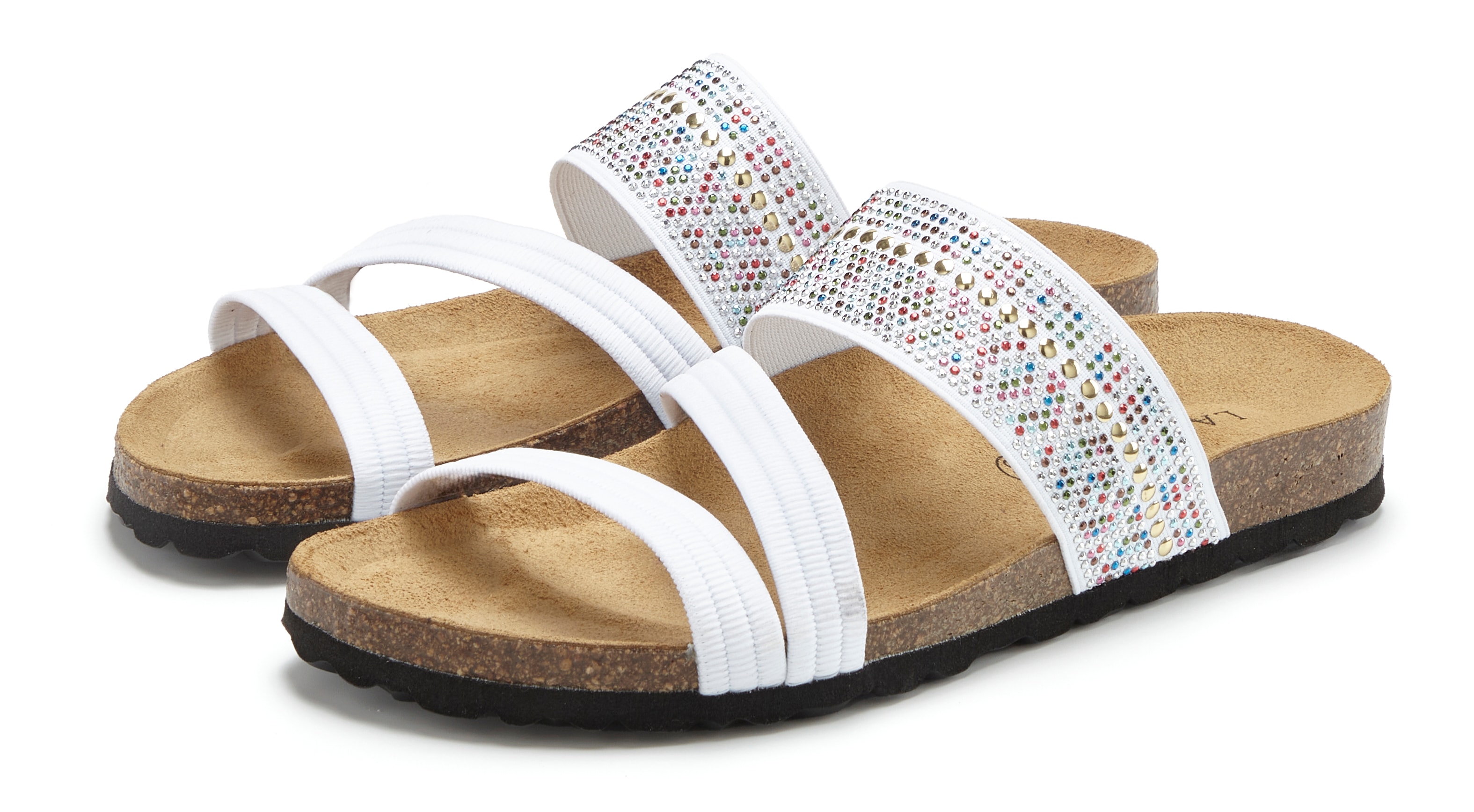 Pantolette LASCANA "Mule, Sandale, offener Schuh, Sommerschuh", Damen, Gr. 39, weiß, Obermaterial: 50% Synthetik, 50% Textilmaterial. Decksohle: 100% Rindsleder. Laufsohle: 100% Synthetik, Glitzer, Schuhe Pantolette, mit Komfortkorkfußbett aus Leder...