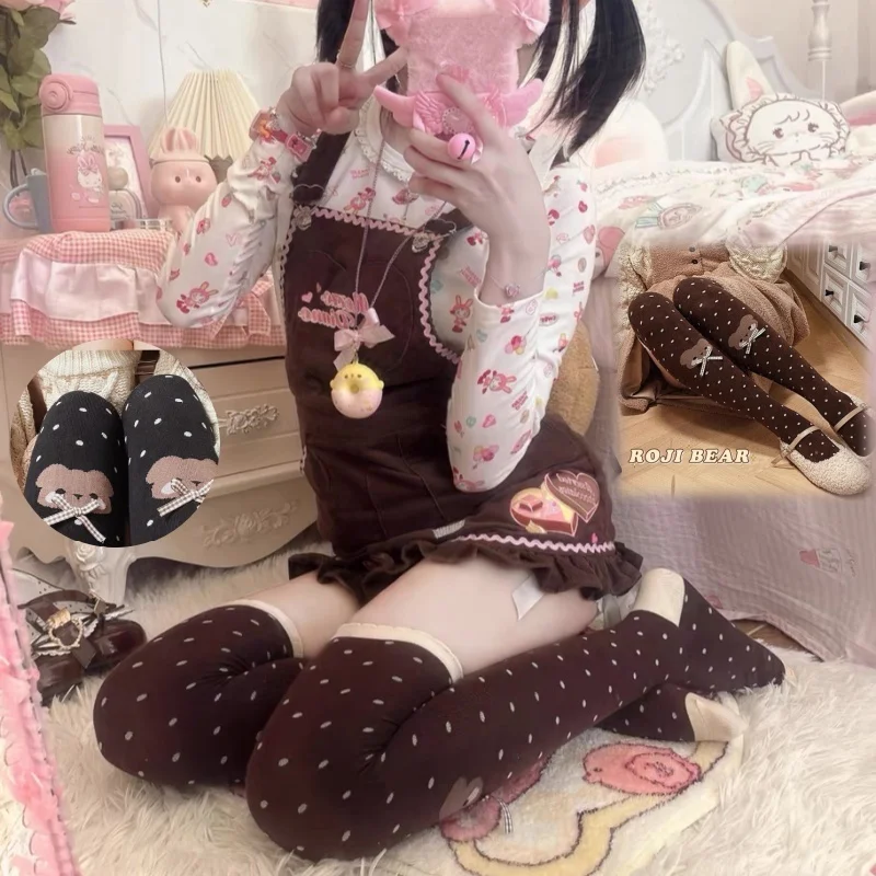 Japanische Kleine Bär Polka Dot Schleife Lolita Socken Frauen Herbst Winter kniehohe Socken Dicke Gekämmte Baumwolle Kawaii Schlankheitsstrumpf Image