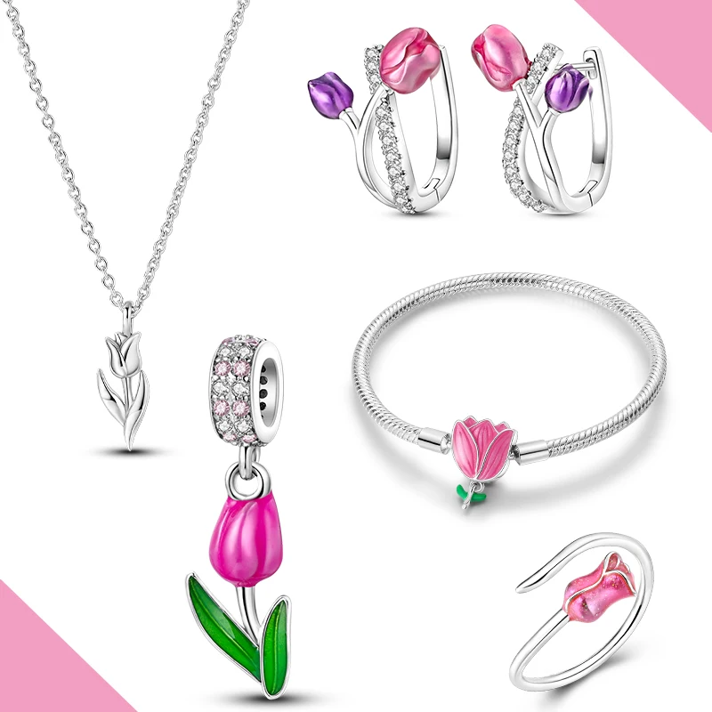 925er Silber Tulpen-Schmuckset, Original-Charm, Ohrring, Armband, Halskette, Ring, passend für Damenschmuck zum Selbermachen Image