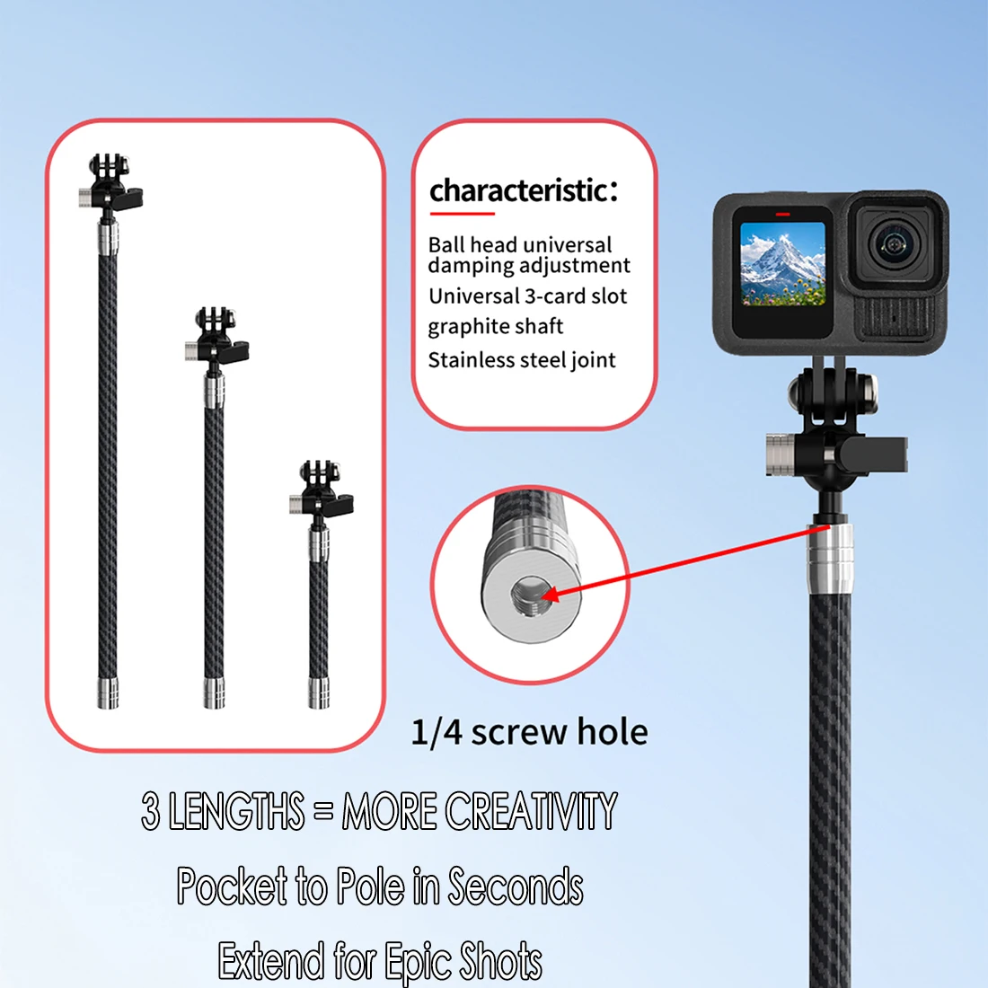 1/4 ARRI Kugelkopfhalterung Carbon Fiber Rod Helm Verlängerungsarm für GoPro Insta360 X5 Action Kamera Unsichtbares Selfie Stick Stativ Image