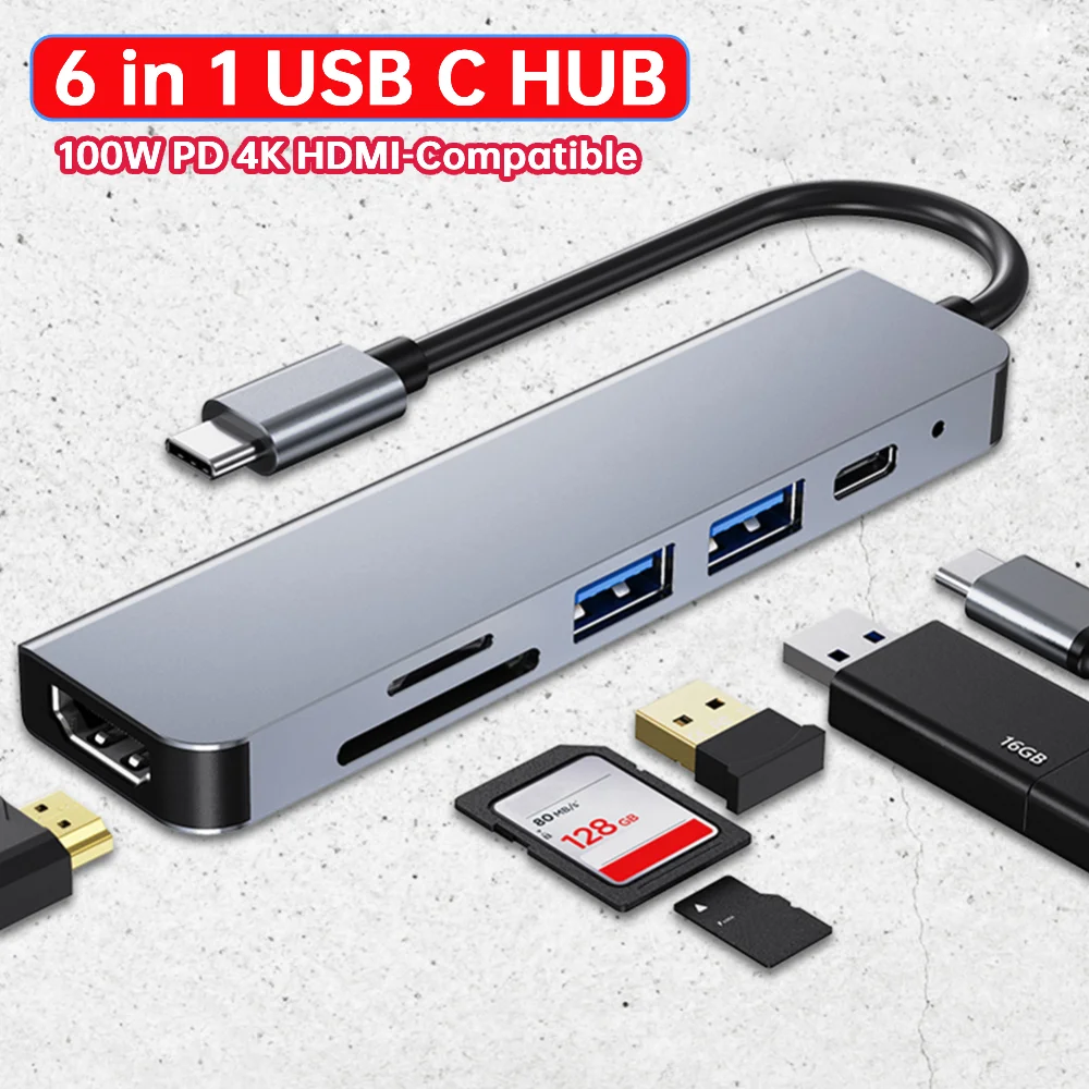 Hub USB C 6 in 1 100W PD 4K Dongle USB C compatibile HDMI USB 3.0 USB 2.0 Splitter USB per laptop USB C e altri dispositivi di tipo C